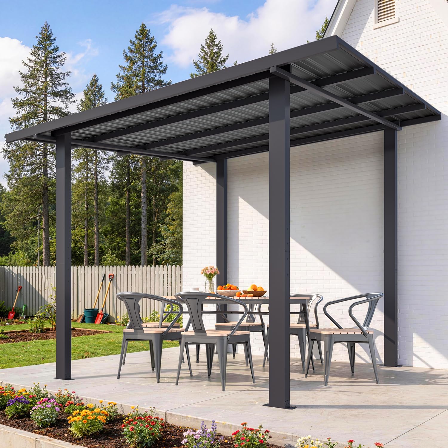 UNIONLINE 3 × 2,4 m Wandgestellter Gartenpavillon mit Hardtop-Metalldach, Grill-pavillon aus feuerverzinktem Stahl, 113 km/h windbeständig, Terrassenüberdachung für Garten, Hinterhof & Deck, Schwarz