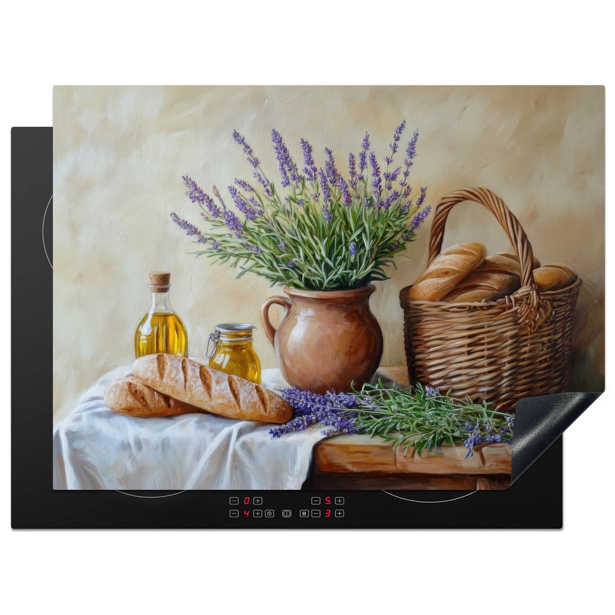 KitchenYeah© Induction Hob Protector Mat 20.5"x28" / 71x52 cm Stove Cap Top Cover Kitchen Cooker Covers for Electric Hobs Vinyl Lavender - Bread - Still Life