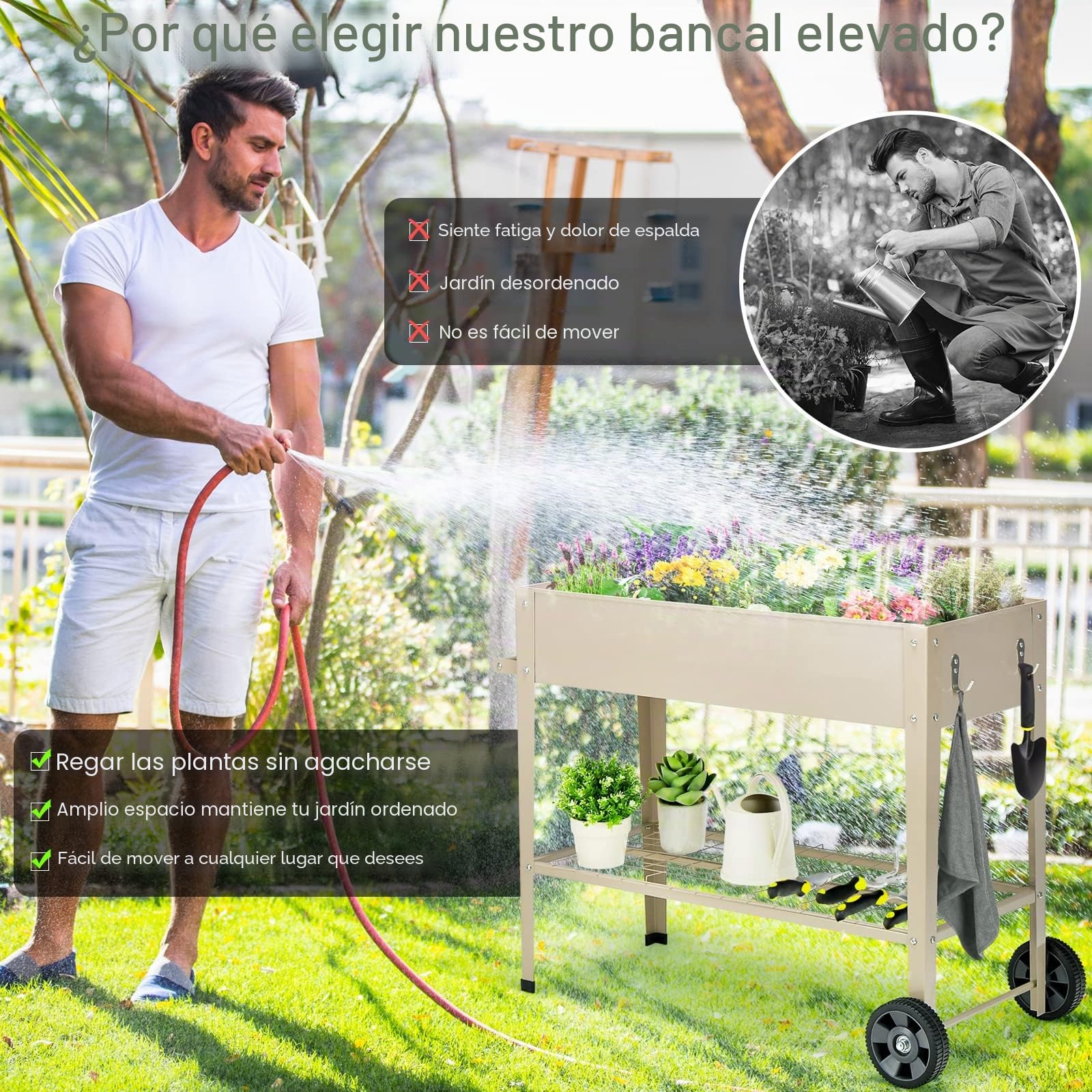 GOPLUS Huerto Urbano con Ruedas, Cama Elevada con Estante y 2 Ganchos para Herramientas de Jardinería para Verduras, Hierbas y Otros Vegetales, 95 x 40 x 80 cm (Blanco)