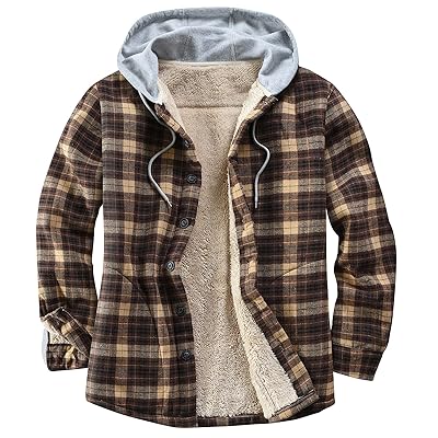 Men's Cotton Plaid Shirts Jacket Fleece Lined Flannel Shirts Sherpa Button Down Jackets with Hood for Men