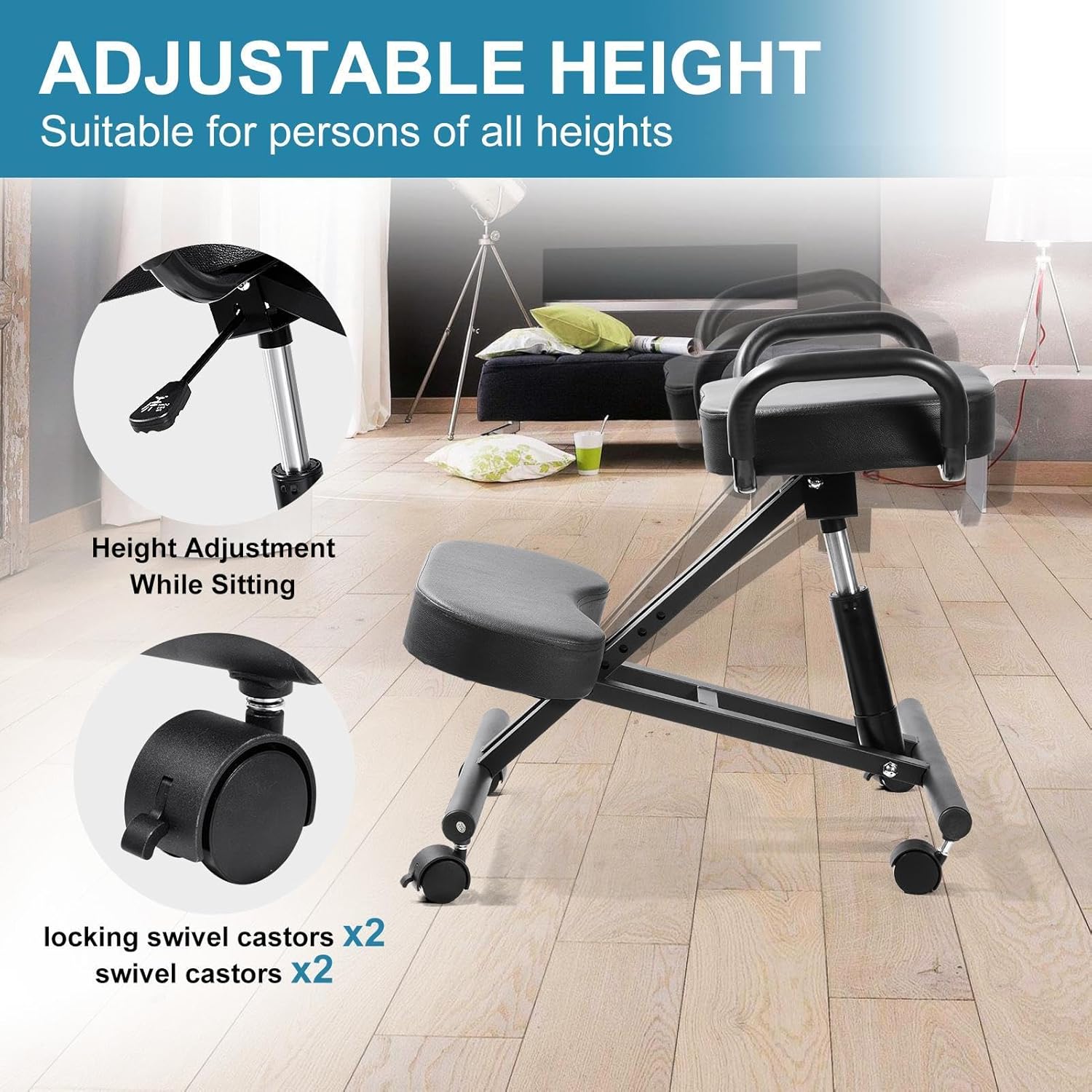 Ergonomic Kneeling Chair Without Backrest, Adjustable Stool for Home and Offices - Improve Your Postures with an Angled Seat - Brake Casters, Black