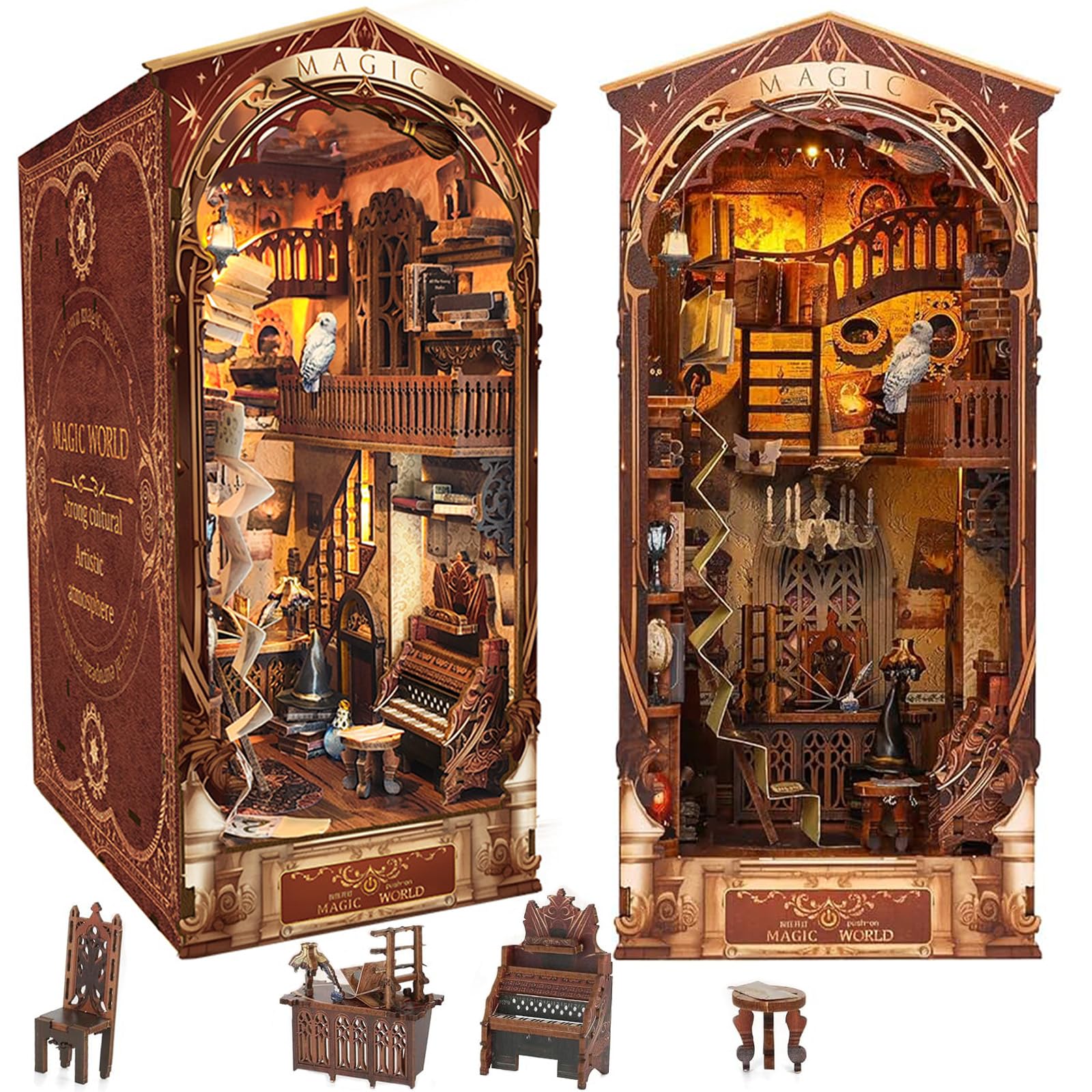 Mondo Magico Book Nook Kit DIY z LED i Coperchio Antipolvere, Fermalibri Puzzle 3D Legno