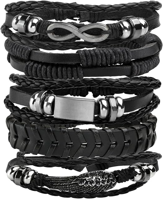 MILAKOO 5 Pcs Braided Leather Bracelets for Men Women Woven Cuff Bracelet Adjustable
