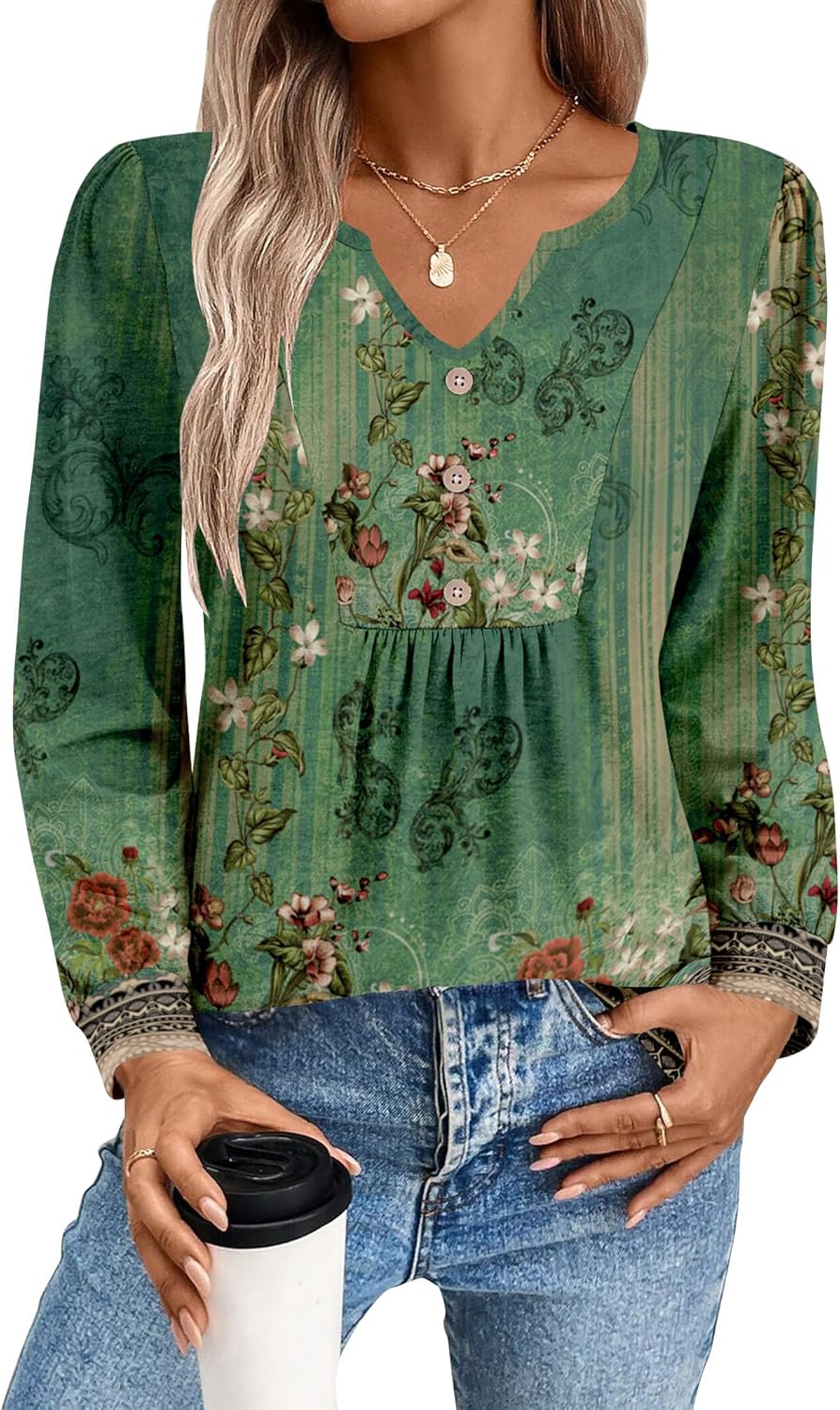 Zeagoo Long Sleeve Shirts for Women 2025 Casual Pleated V Neck Fall Tunic Tops Button Down Blouse Dressy Loose T-Shirts