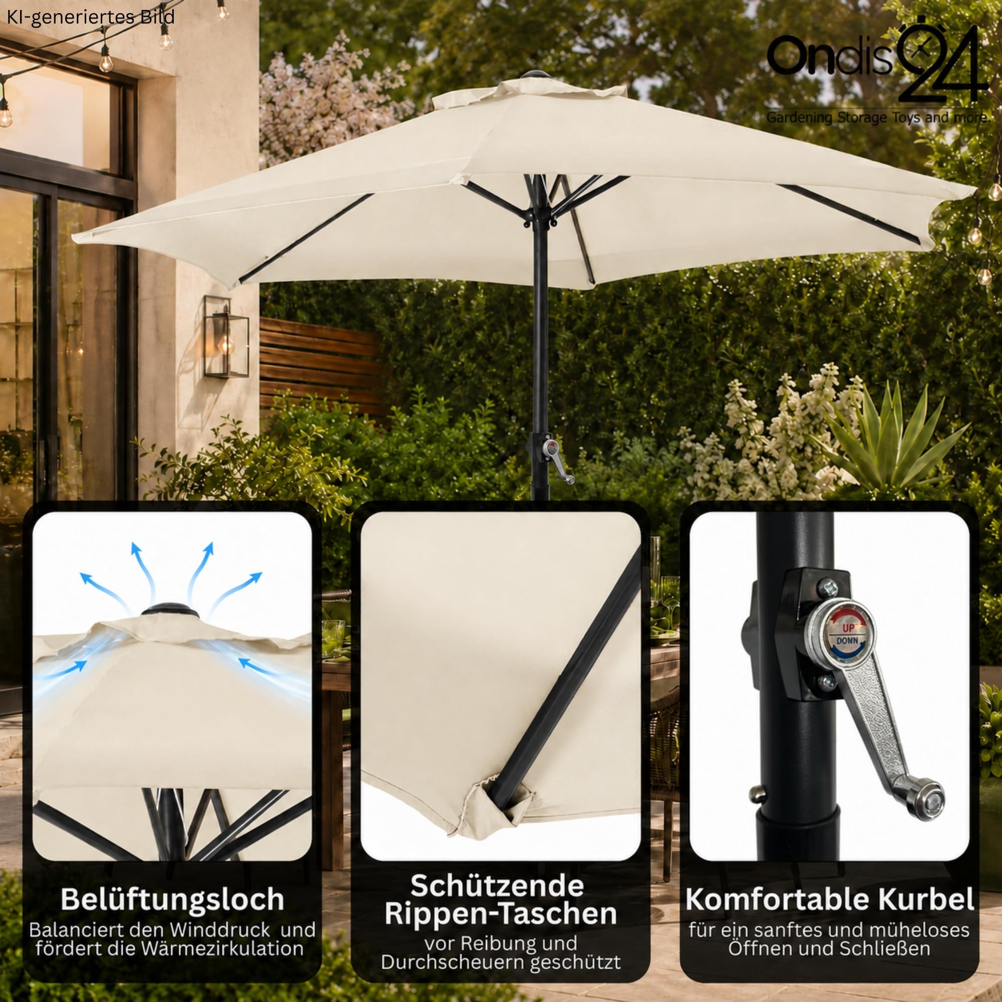 Ondis24 Strandschirm 1,8 Meter Sonnenschutz Sonnenschirm 180 cm rund mit Kurbel, Knick-Gelenk, UV 50, 38mm Standrohr (beige)