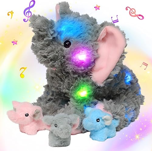 Hopearl Juguete de peluche musical con luces LED de peluche para cantar y cantar con 3 elefantes de bebé en su barriga volumen ajustable canción de