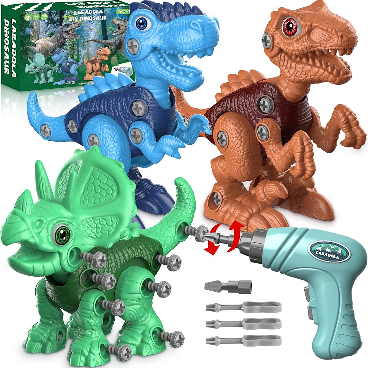 Juguetes de dinosaurios para llevar para niños de 4 a 6 años: paquete de 3 dinosaurios y taladro eléctrico de 85 piezas | Juego de construcción fácil de usar para manos pequeñas, juguete educativo STEM y regalos para niños, cumpleaños, Navidad