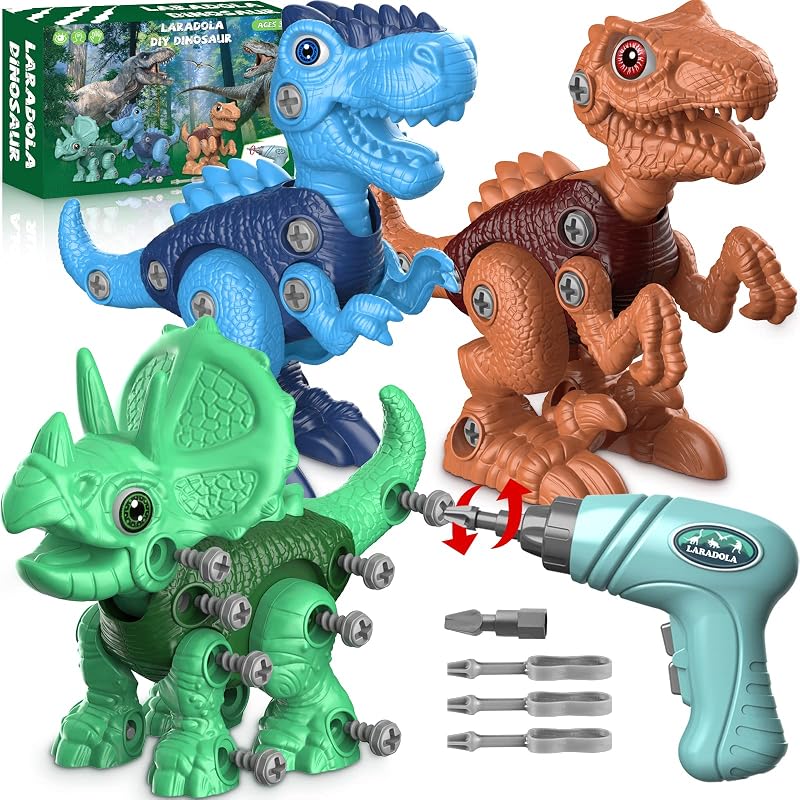 Juguetes de dinosaurios para llevar para niños de 4 a 6 años: paquete de 3 dinosaurios y taladro eléctrico de 85 piezas | Juego de construcción fácil de usar para manos pequeñas, juguete educativo STEM y regalos para niños, cumpleaños, Navidad