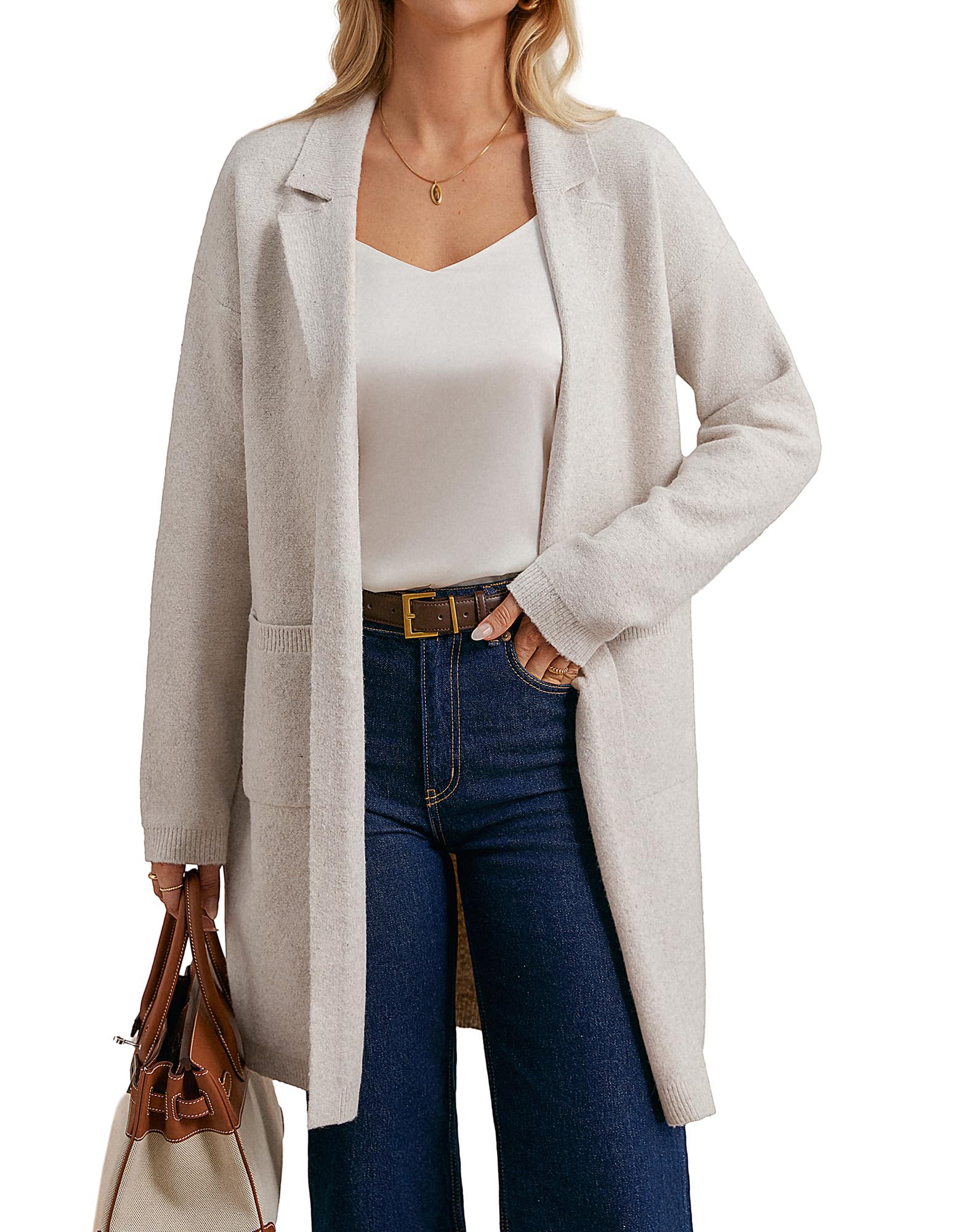 GRACE KARIN Women Long Sweater Blazers 2025 Open Front Knit Cardigan Dressy Soft Lapel Jacket with Pockets