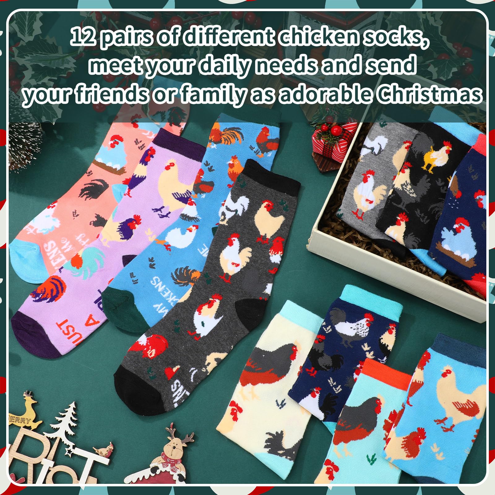 12 calcetines de Navidad con hongos de pollo para mujeres y hombres, regalos divertidos de Navidad para adultos, bonitos calcetines de dibujos animados para regalos