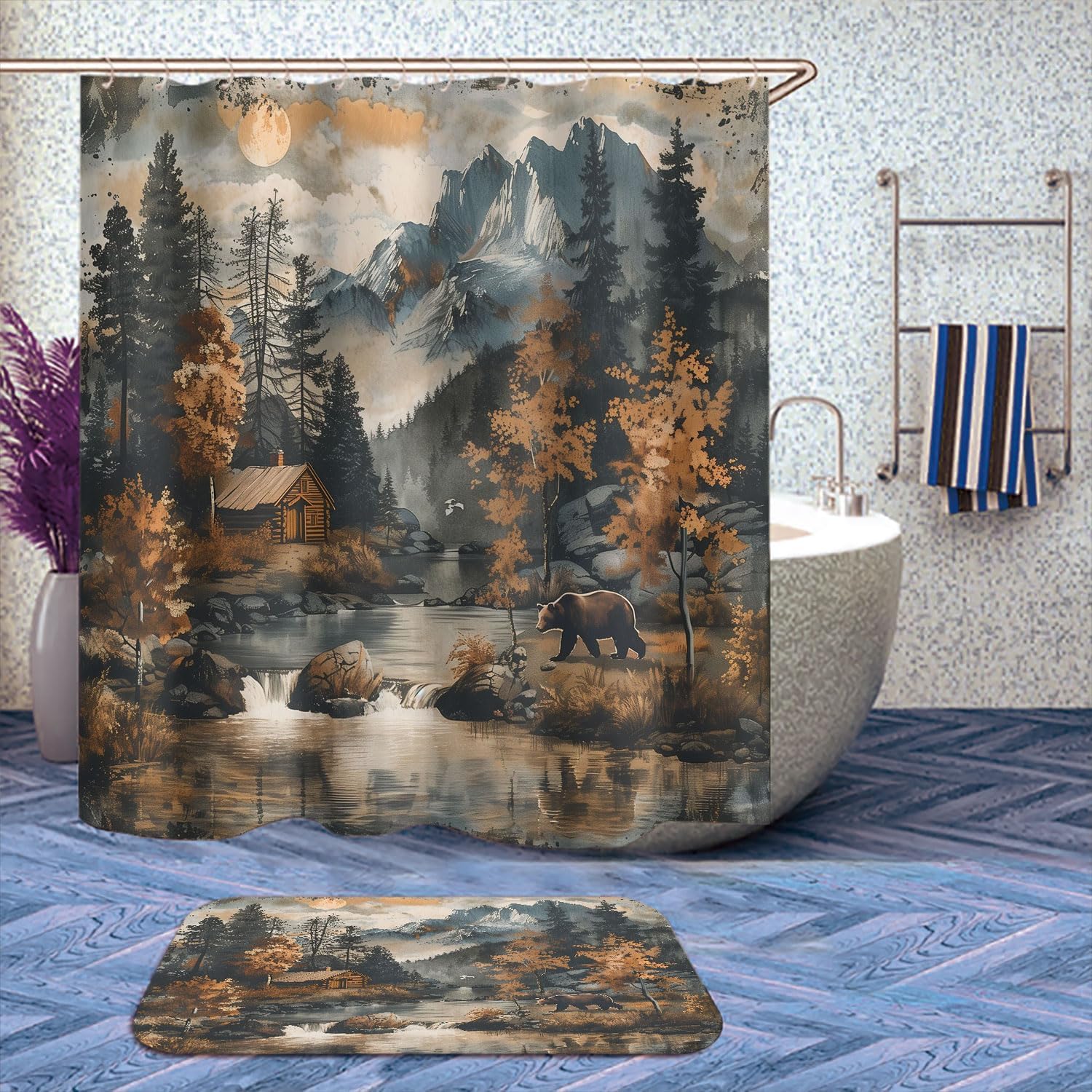 4 Pcs Rustic Cabin Shower Curtain Set with Rugs,Toilet Lid Cover, Bath Mat Forest Mountain Wild Animal Bear Bathroom Shower Curtain with 12 Hooks Accessories Decorative
