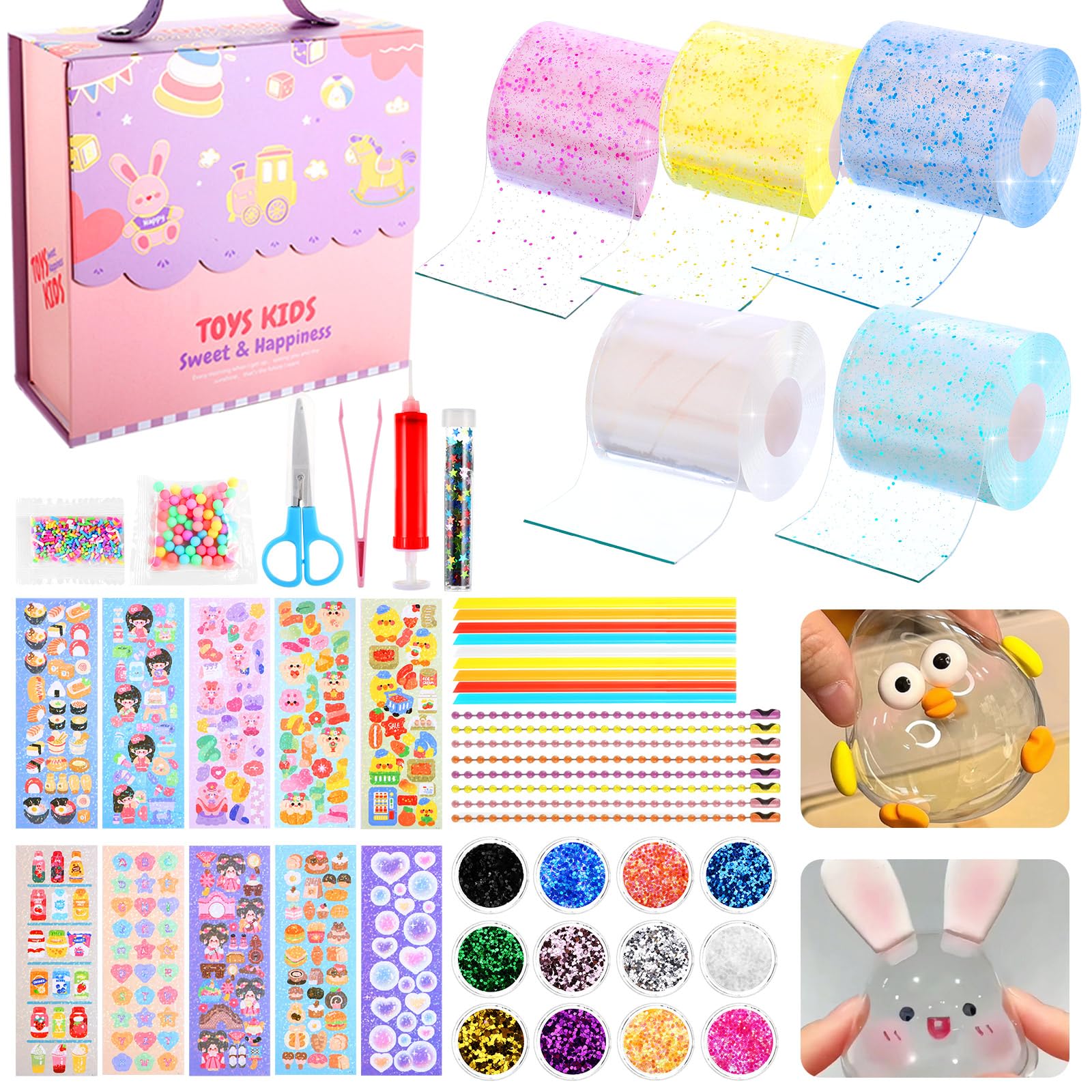 Needbrock 5 Pcs Nano Tape Bubble Kit, Nano Tape Kit, Nano Bubble Tape Double Sided Nano Tape with Luxe Glitter, Beads, Cute Sticker, Nano Tape Kits for Girls,Kids