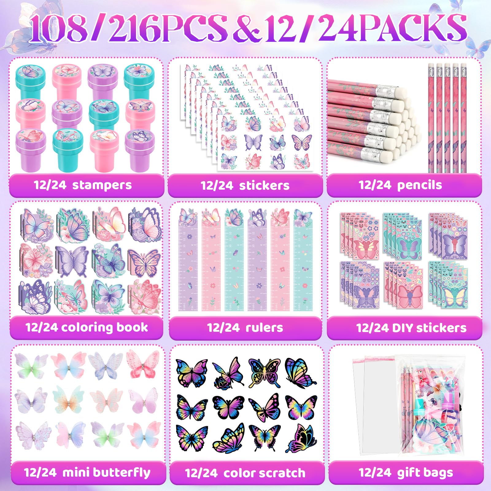 BenLouis 216Pcs Farfalla Bomboniere Farfalla Fata Scuola Cancelleria Set Bulk per Bambini Primavera Fiore Tè Compleanno Regalo Goodie Stuffers Classroom Regali Ricompense Pinata Filler