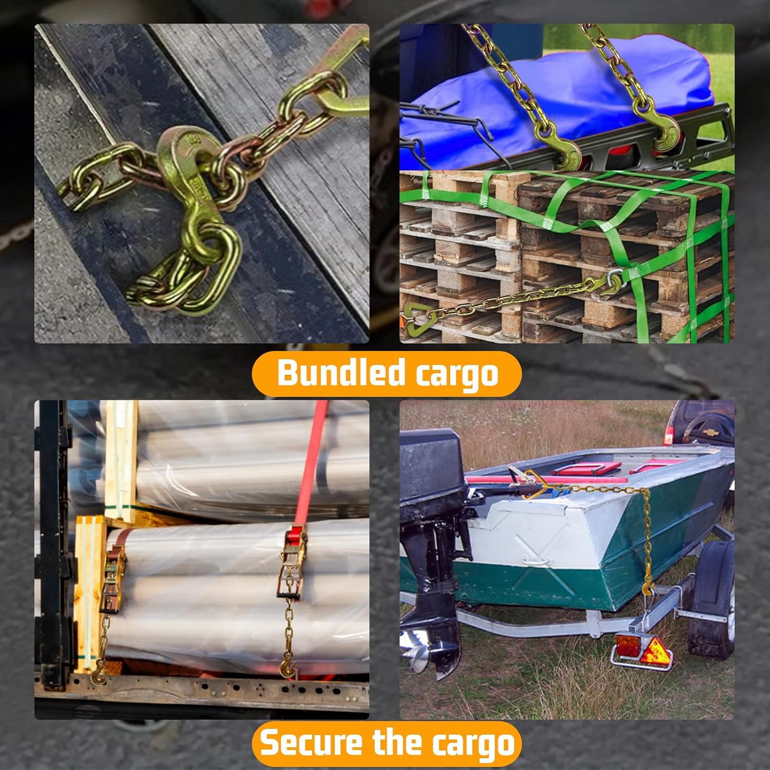 Trailer Chain Extension|5/16" × 18" Ratchet Tie Down Straps Chain with Forging D-Ring and Grab Hooks|Heavy Duty Hooks Chain Ends with 4700 Lbs WLL| Axle Tire Straps Over the Wheel for Trucks