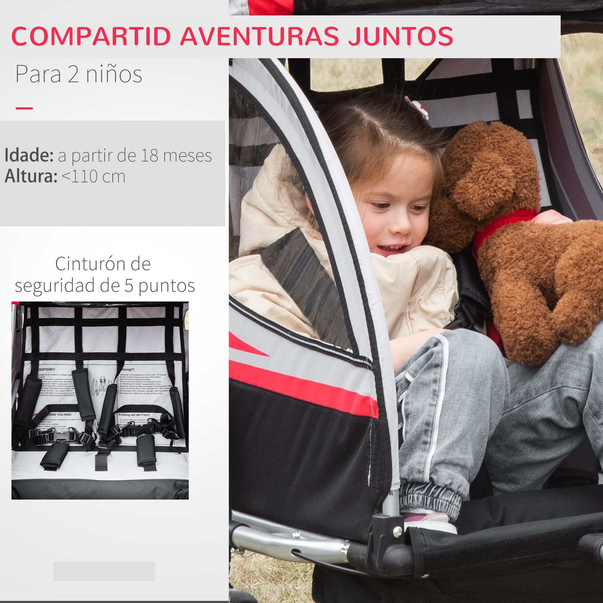 HOMCOM Remolque de Bicicleta para Niños +18 Meses 2 en 1 Cochecito de Paseo de 2 Plazas con Freno de Mano Cinturón de Seguridad Bandera y Reflectores 142x75x101 cm Rojo