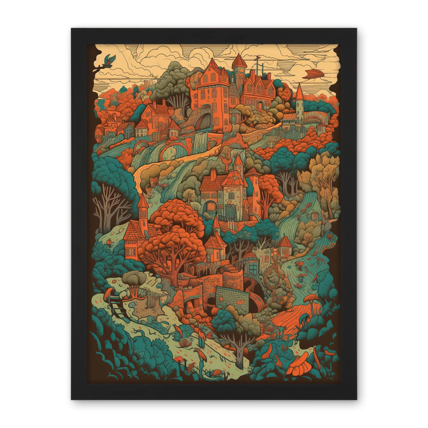 Artery8 Village in Forest Coral and Teal Blue Illustration Artwork Framed Wall Art Print 18X24 Inch