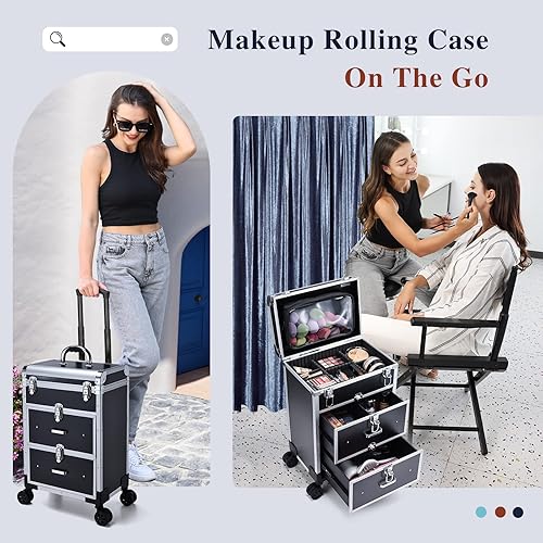 Miniatura 5 de Adazzo Caja de tren de maquillaje rodante profesional con cajones, carretilla cosmética grande con cerraduras, Mate rosa