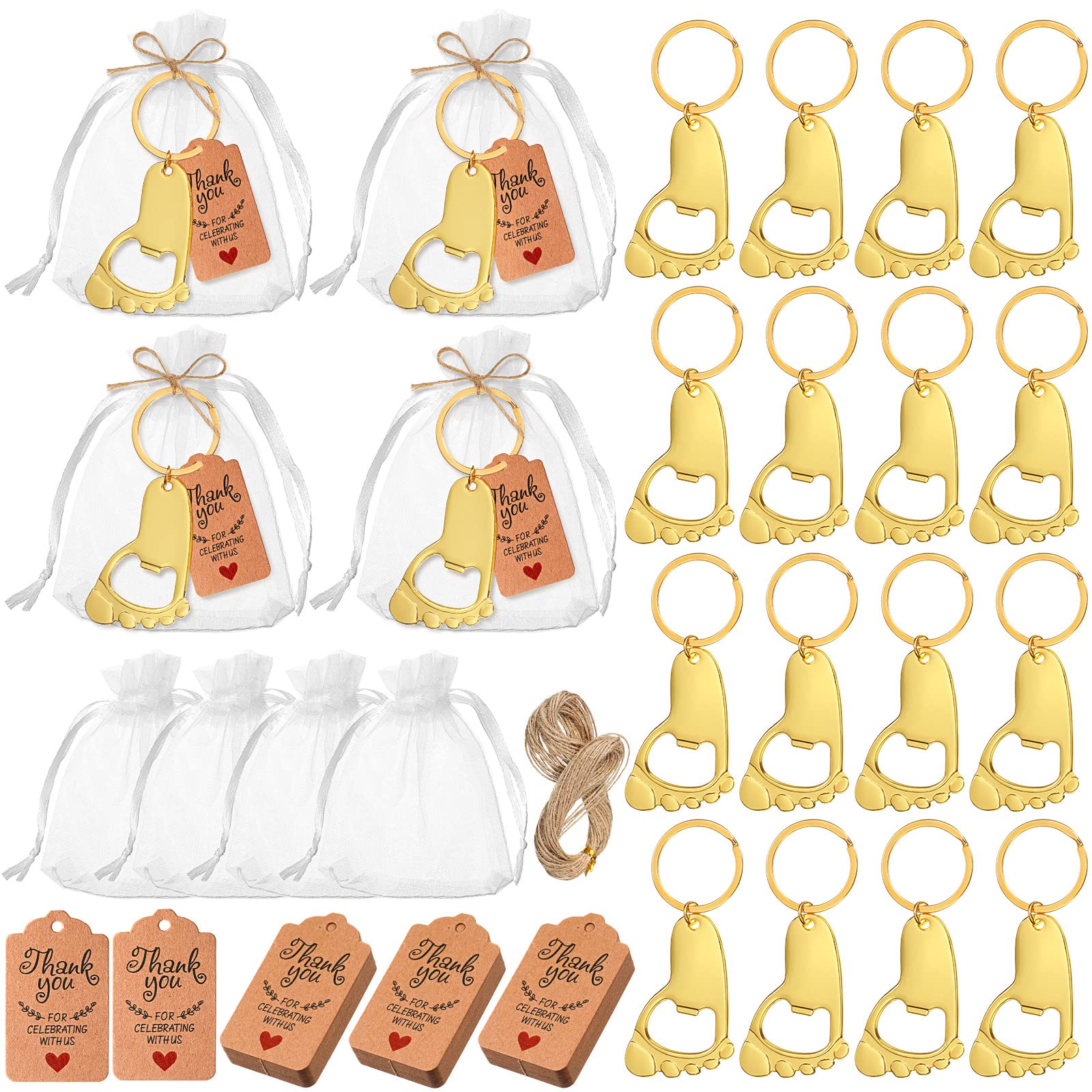 50 PCS Footprint Bottle Opener Keychain Baby Shower Favor for Guest Return Gifts with 100 Organza Bags, 100 Thank You Tags, 20 Meters Rope for Wedding Party Favor Souvenirs Bridal Supplies Decor()