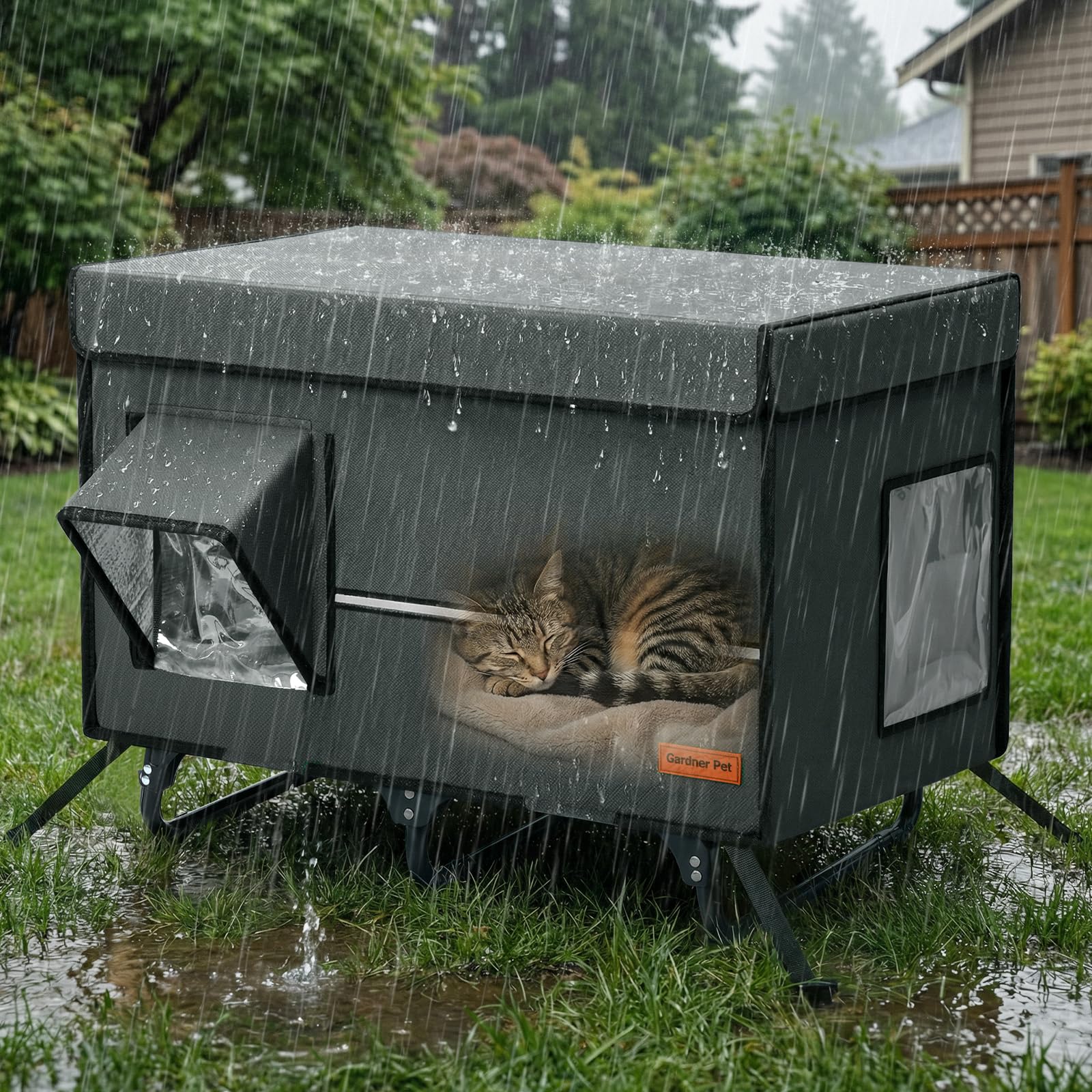 X-Large Collapsible Cat House, Metal Frame Cat Condo, Insulated Waterproof Outdoor Stray Cat Shelter with Escape Door, Sturdy Warm Shelter for Homeless Cats (Grey)
