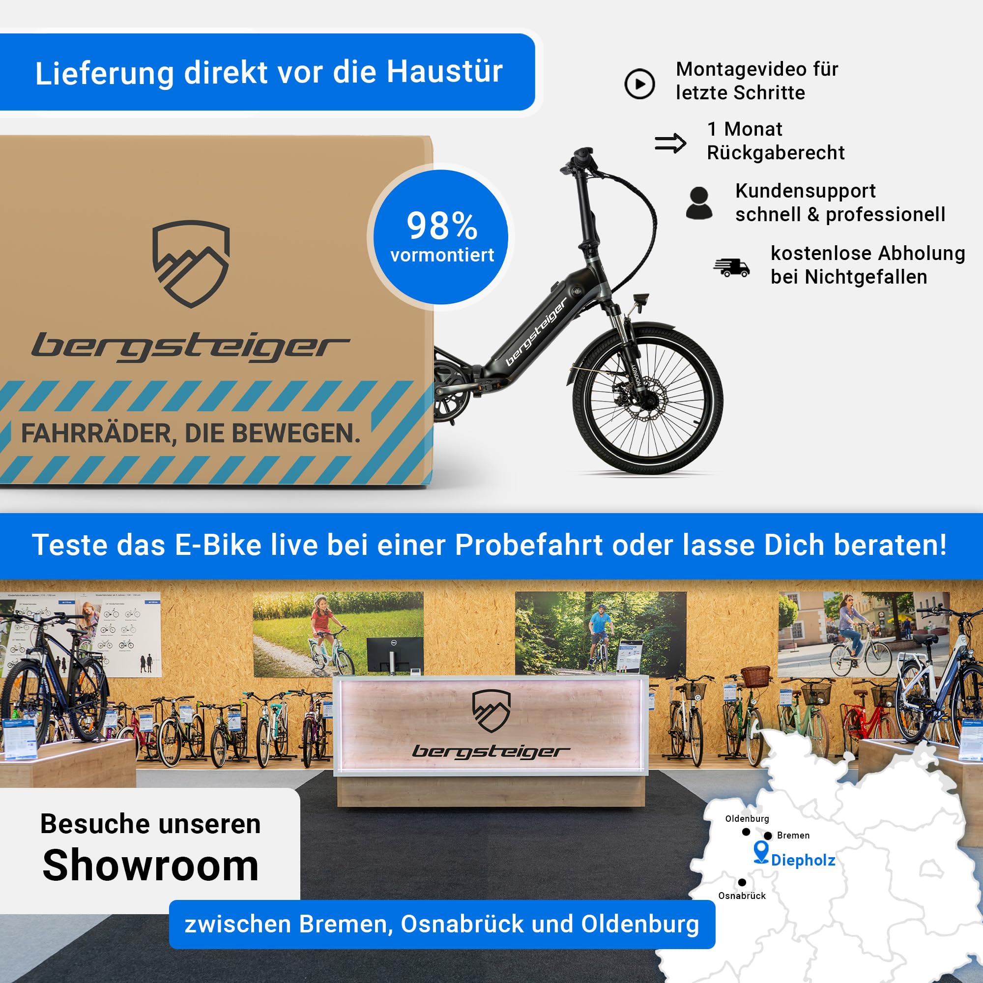 Bergsteiger London 20 Zoll E-Bike Klapprad Faltrad mit Farbdisplay | Starker 250 Watt Motor, 7 Gänge und Scheibenbremsen. Vollintegrierter 468 Wh Akku aus leichtem Alu für Damen & Herren.