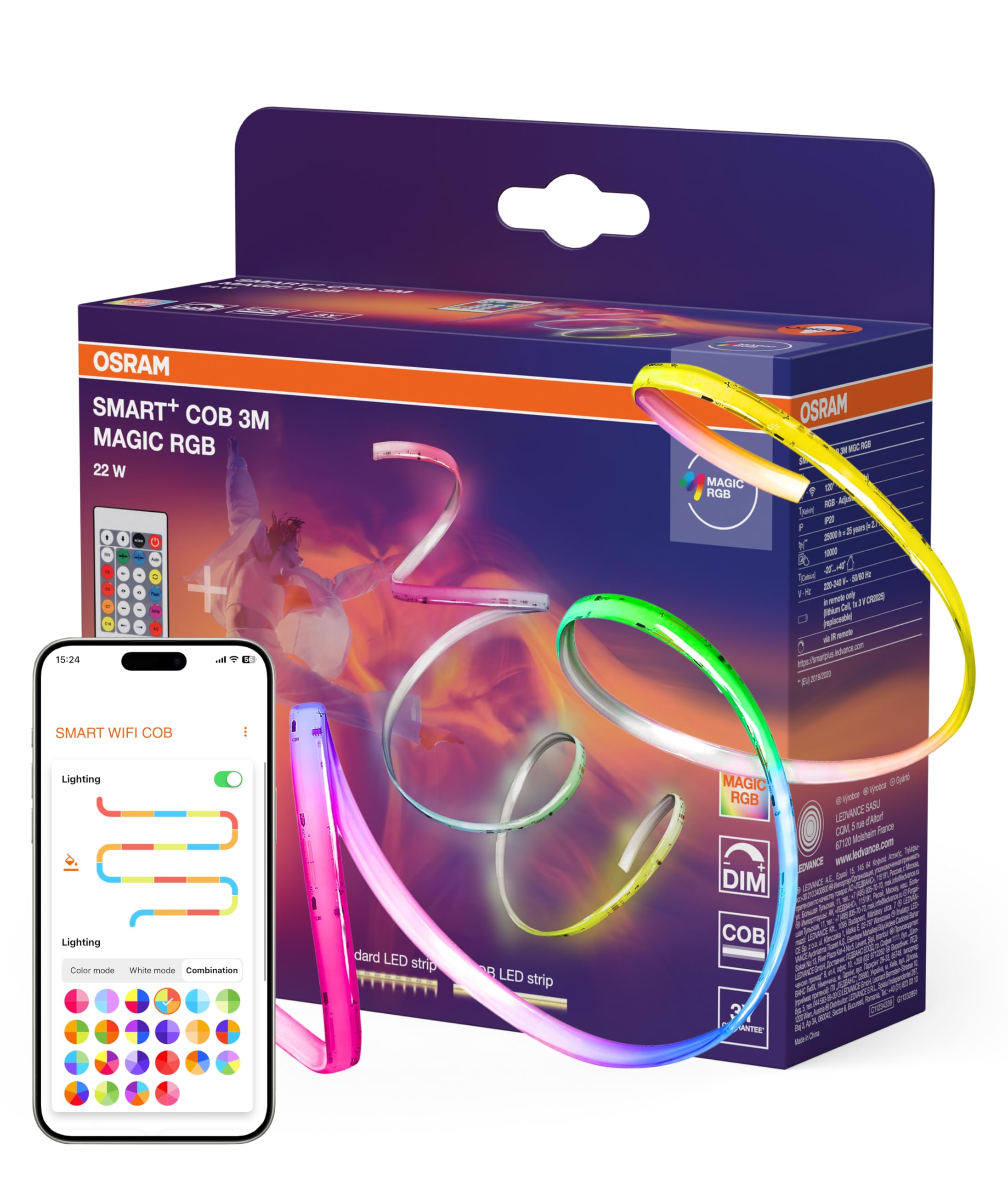 OSRAM Dekoracyjne listwy COB SMART WIFI z MAGIC RGB i jednorodnym efektem świetlnym z pilotem, 22W, ściemnialne, IP20, białe, silikonowe, niewymienne żarówki