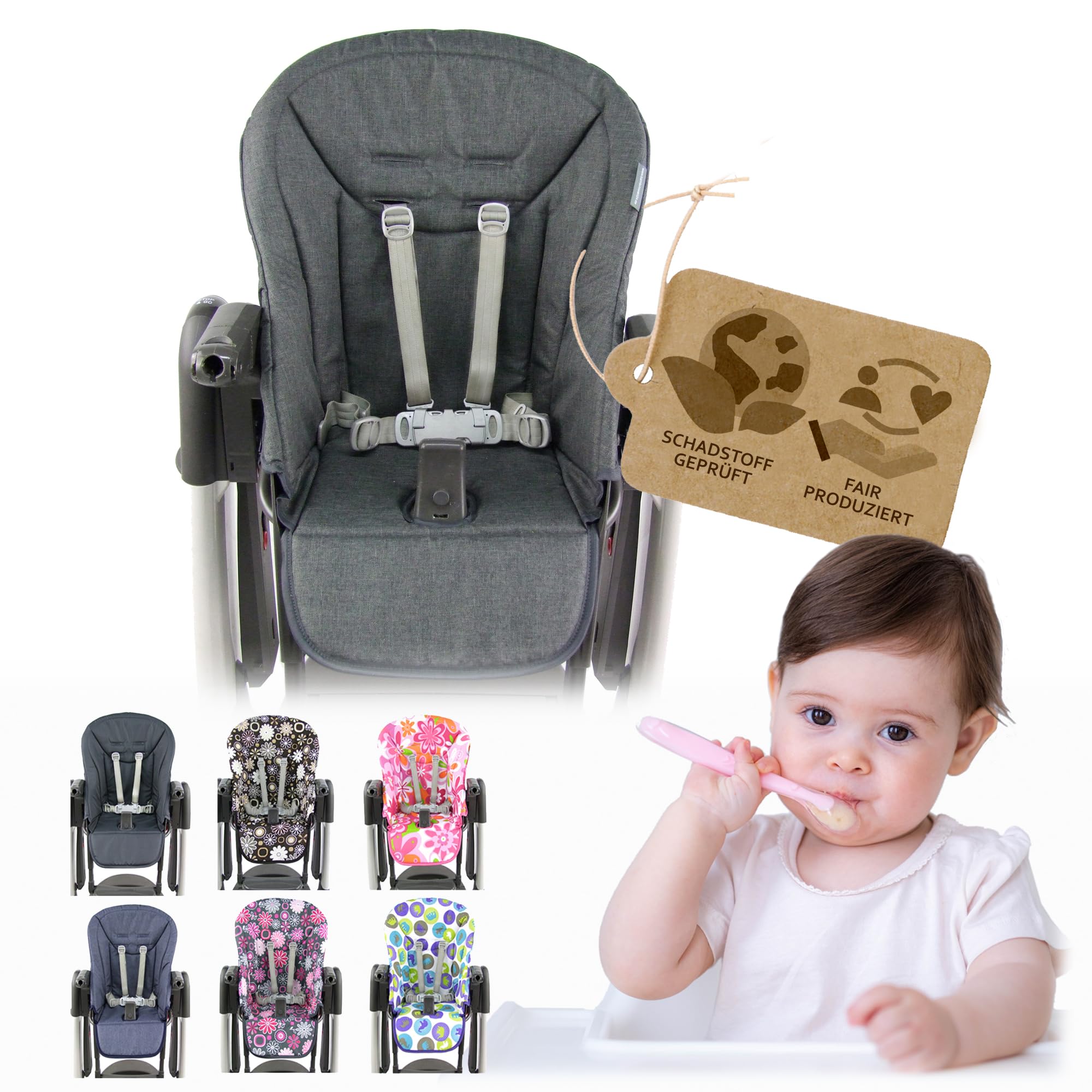 Ersatzbezug Sitzkissen [Bezug für Hochstuhl] kompatibel mit Peg Perego TATAMIA & NEW BORN (meliert dunkelgrau)