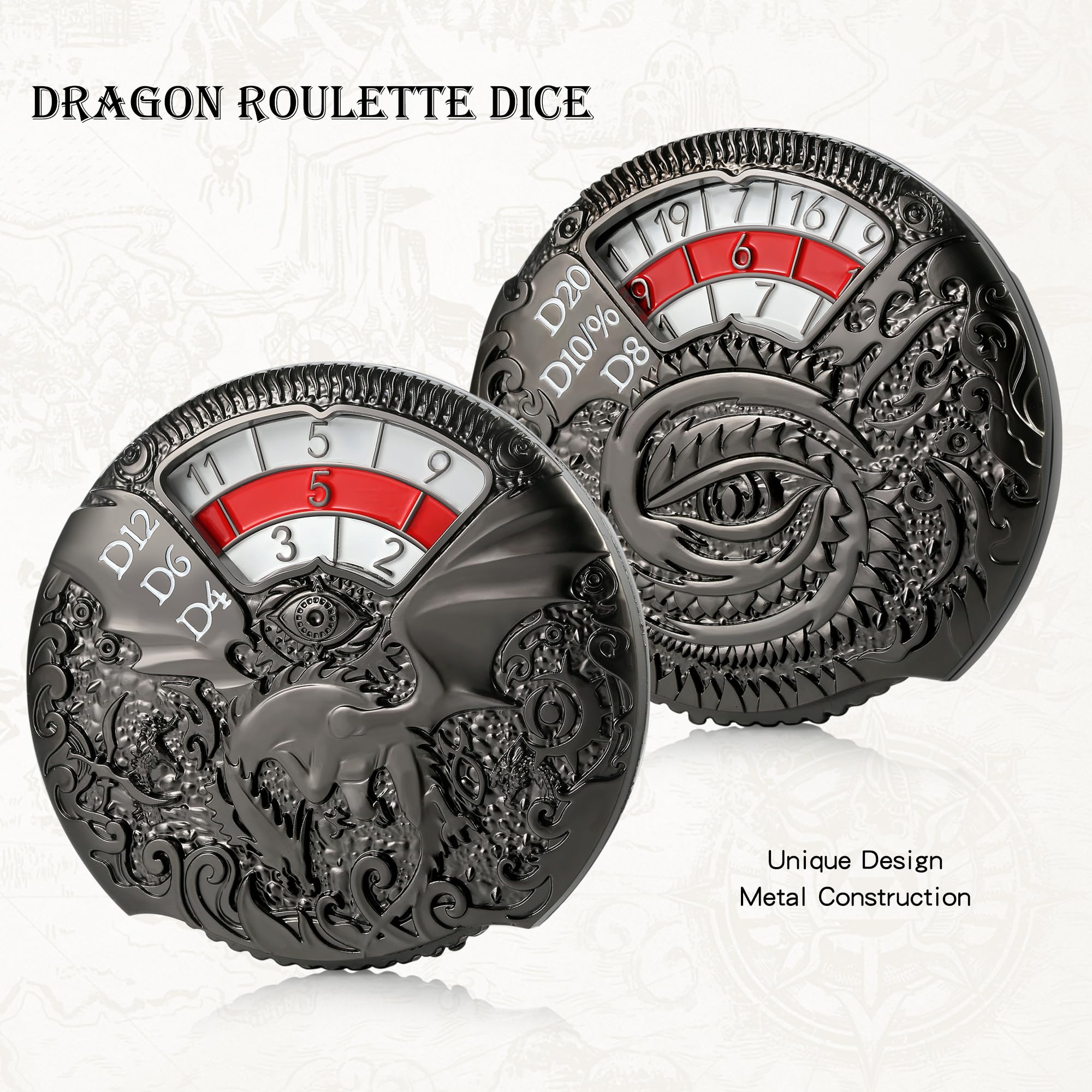 Roulette à Dés Métallique 7-en-1 Style Rogue - Spinner Gyroscopique Pour Jeux De Rôle D&D - Inclut D4, D6, D8, D10, D12, D20 - Cadeau Avec Sac Dragon