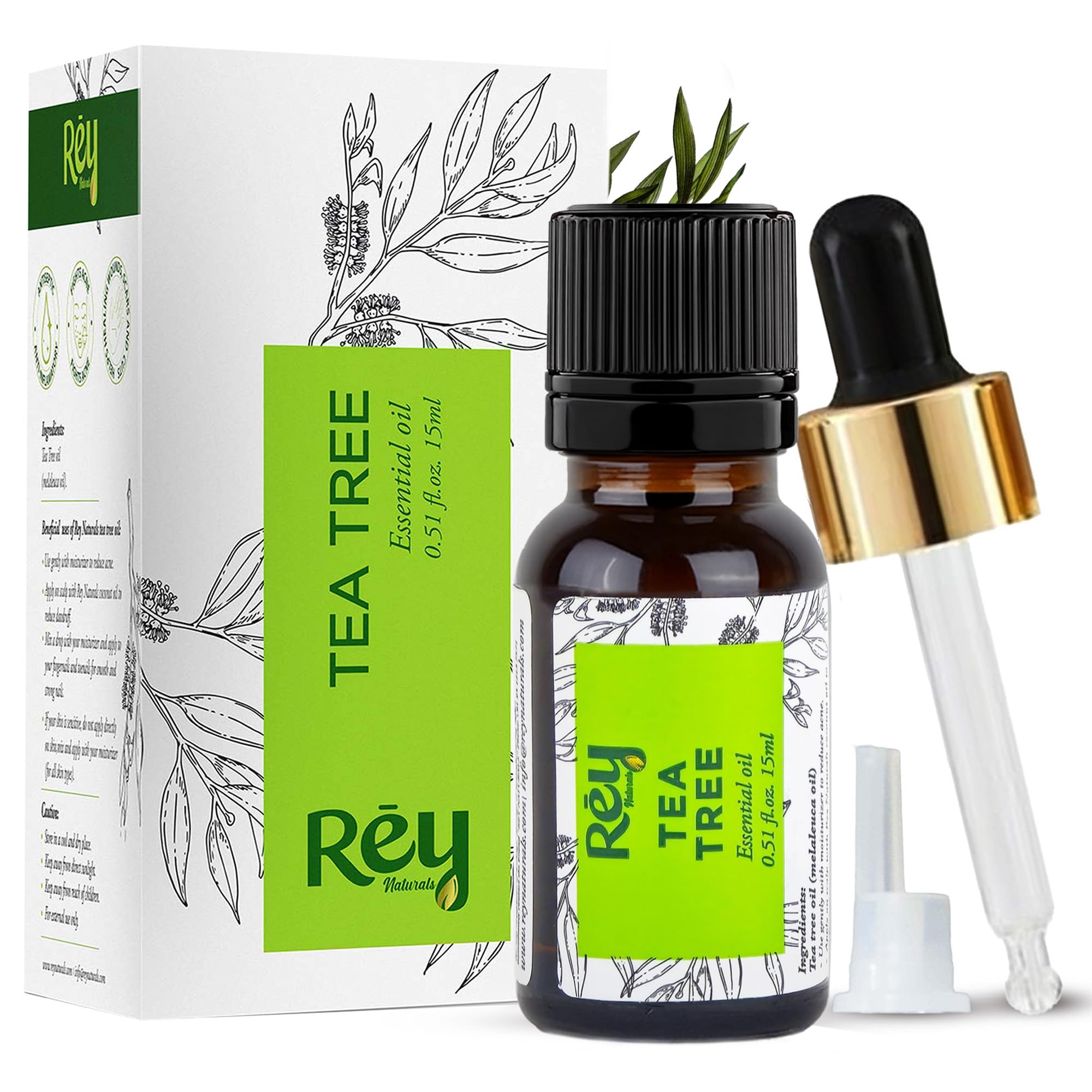 Rey Naturals Pure Tea Tree Essential Oil | Tea Tree Oil For For Hair | Tea Tree Oil for face | Tea Tree oil for skin | Suitable For All Skin & Hair Types - 15ml
