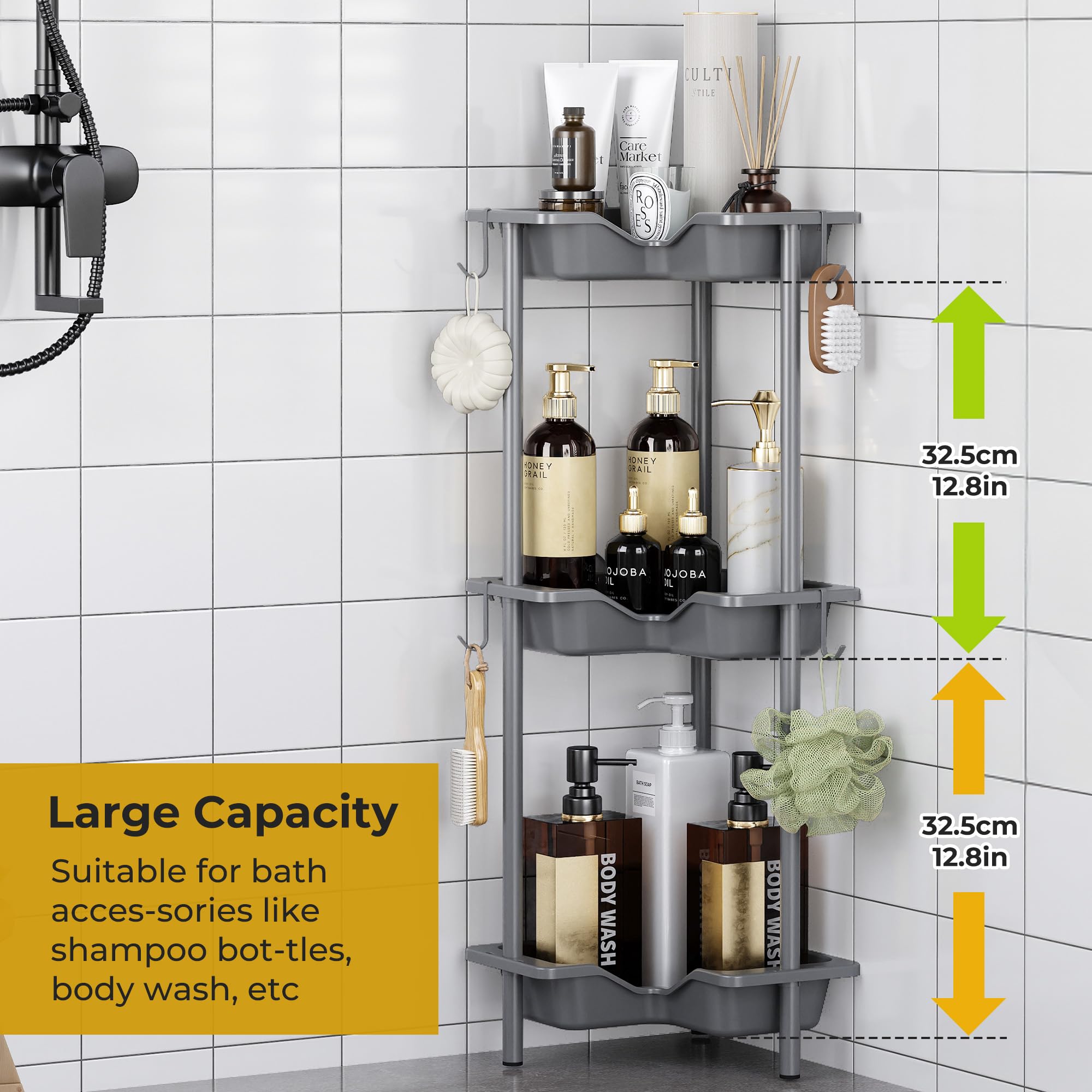 Oriware Porta Sapone per Doccia, Mensola Doccia Senza Foratura, Scaffale Angolare da Terra, Scaffale Bagno (Grigio, 3 Tier)