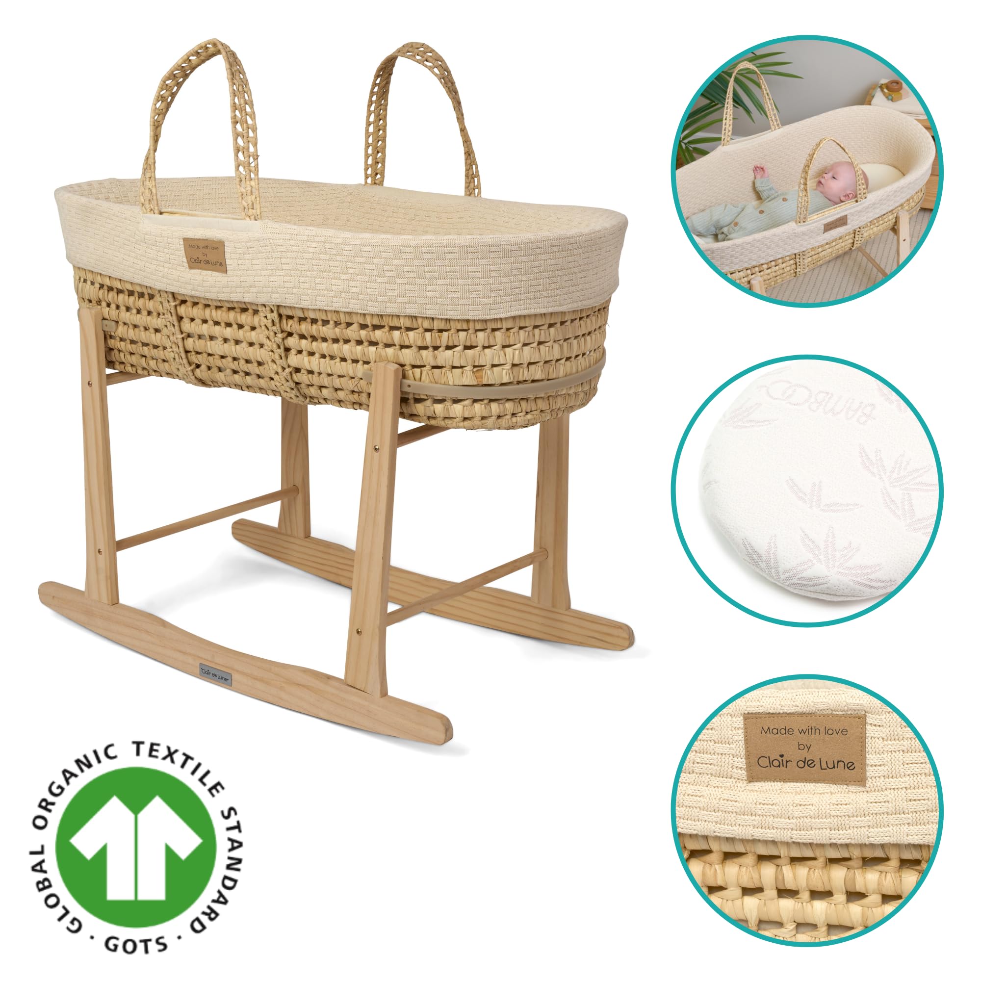 Clair de Lune Couffin en Palmier tricoté Bio avec Support à Bascule Naturel 75 x 28 cm (crème)