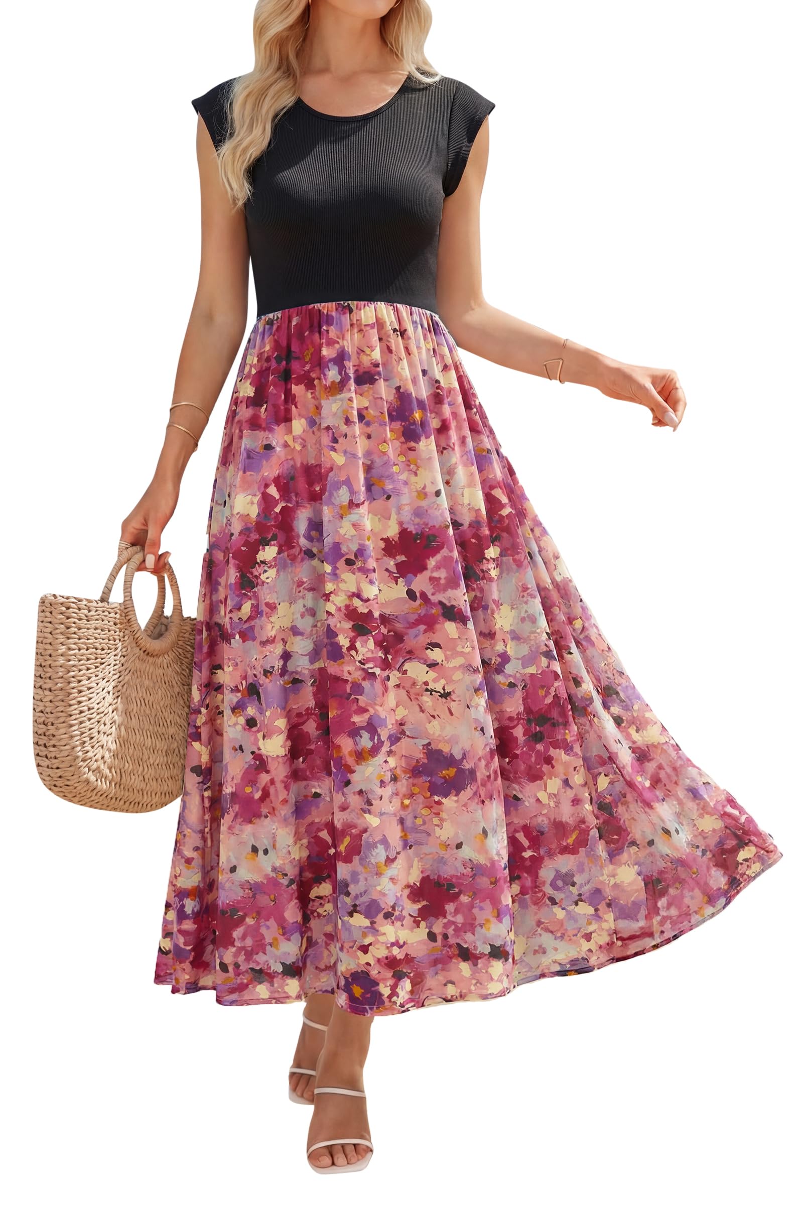 OUGES Women's Ruffle Sleeve Patchwork Maternity Maxi Dress with Pockets