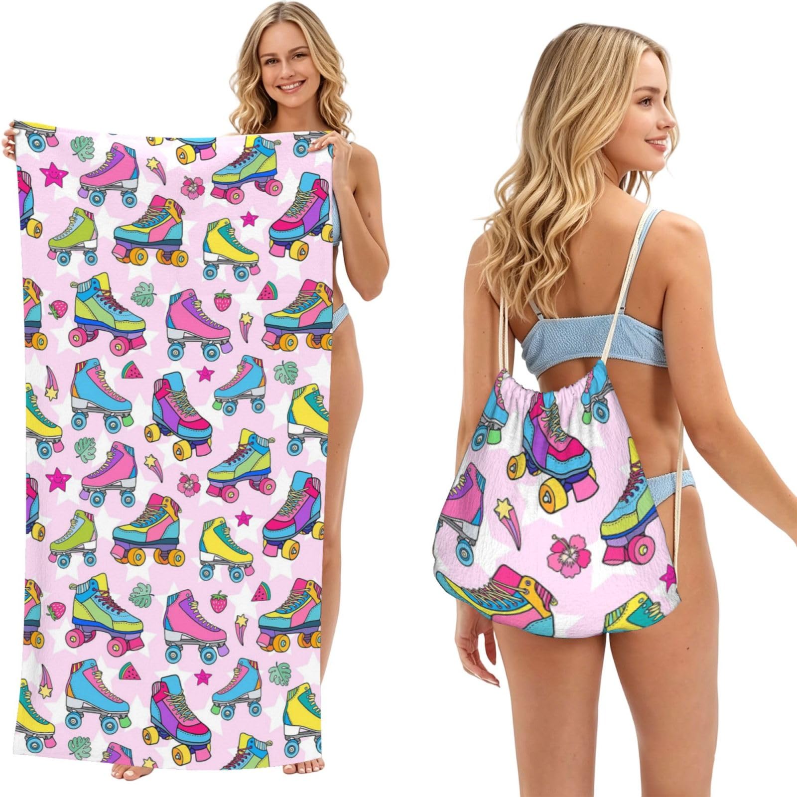 Poadnly As Picture Lovely Roller Skates, 2 In 1 Packable Towel Bag, Beach Towels With Drawstring Backpack For Travel Holiday Camping