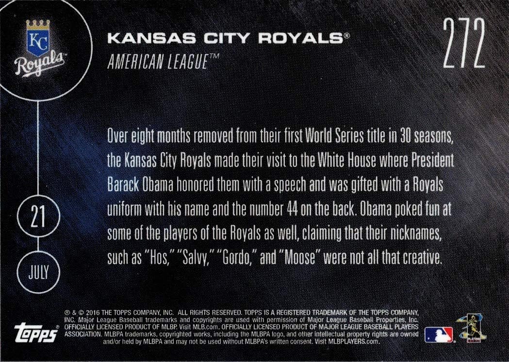 2016 Topps Now #272 2015 Kansas City Royals World Series Champions visit Barack Obama at the White House Commemorative Baseball Card - Eric Hosmer, Salvador Perez, Mike Moustakas, and more