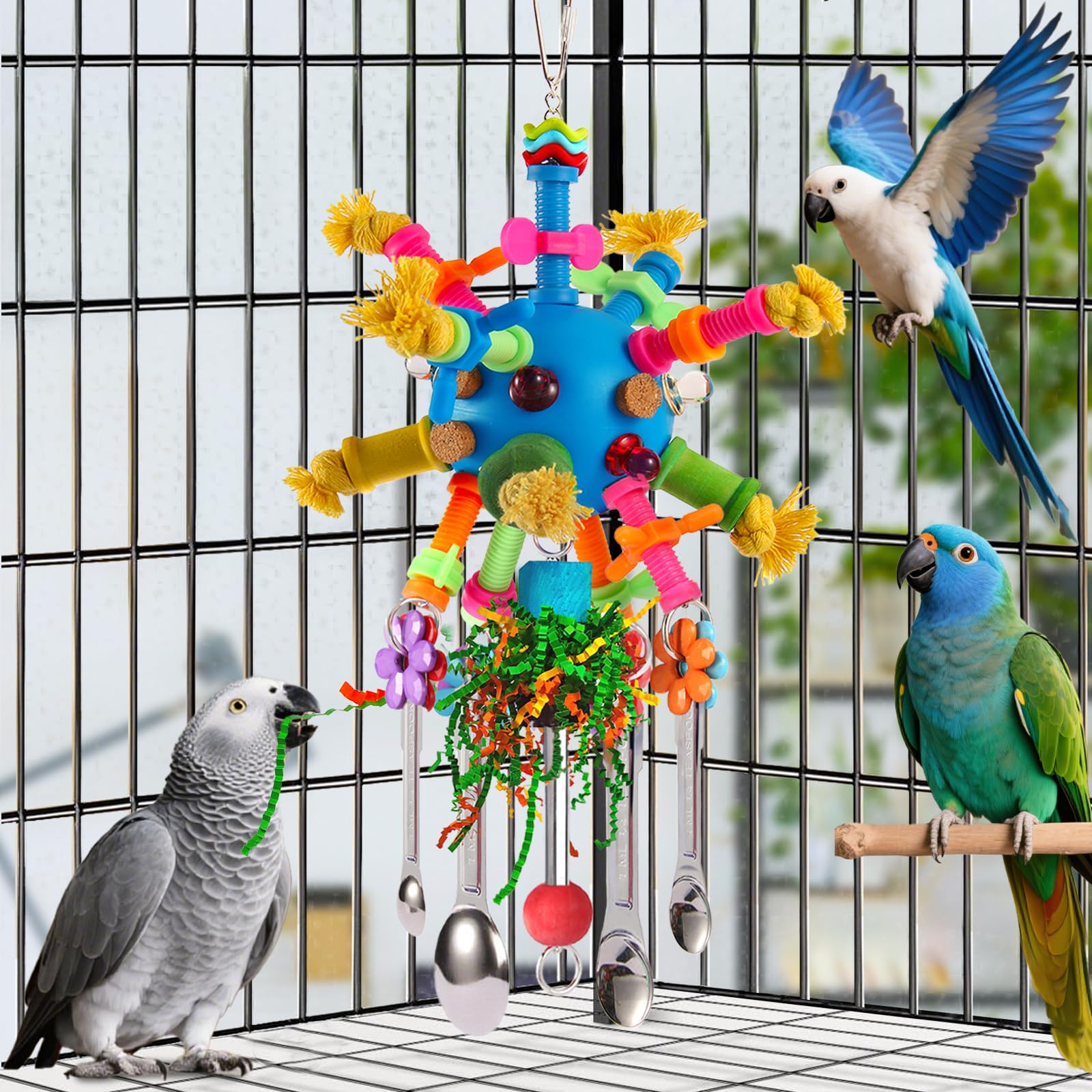 Parrot Toys Bird Toys Perch Pullable Stainless Steel Spoons Colorful Acrylic Stick Chew Toys for Amazons Mini Macaws African Greys Cockatoos Conures, Cockatiels, Lovebirds, Parrotlets and Other (blue) - image 4