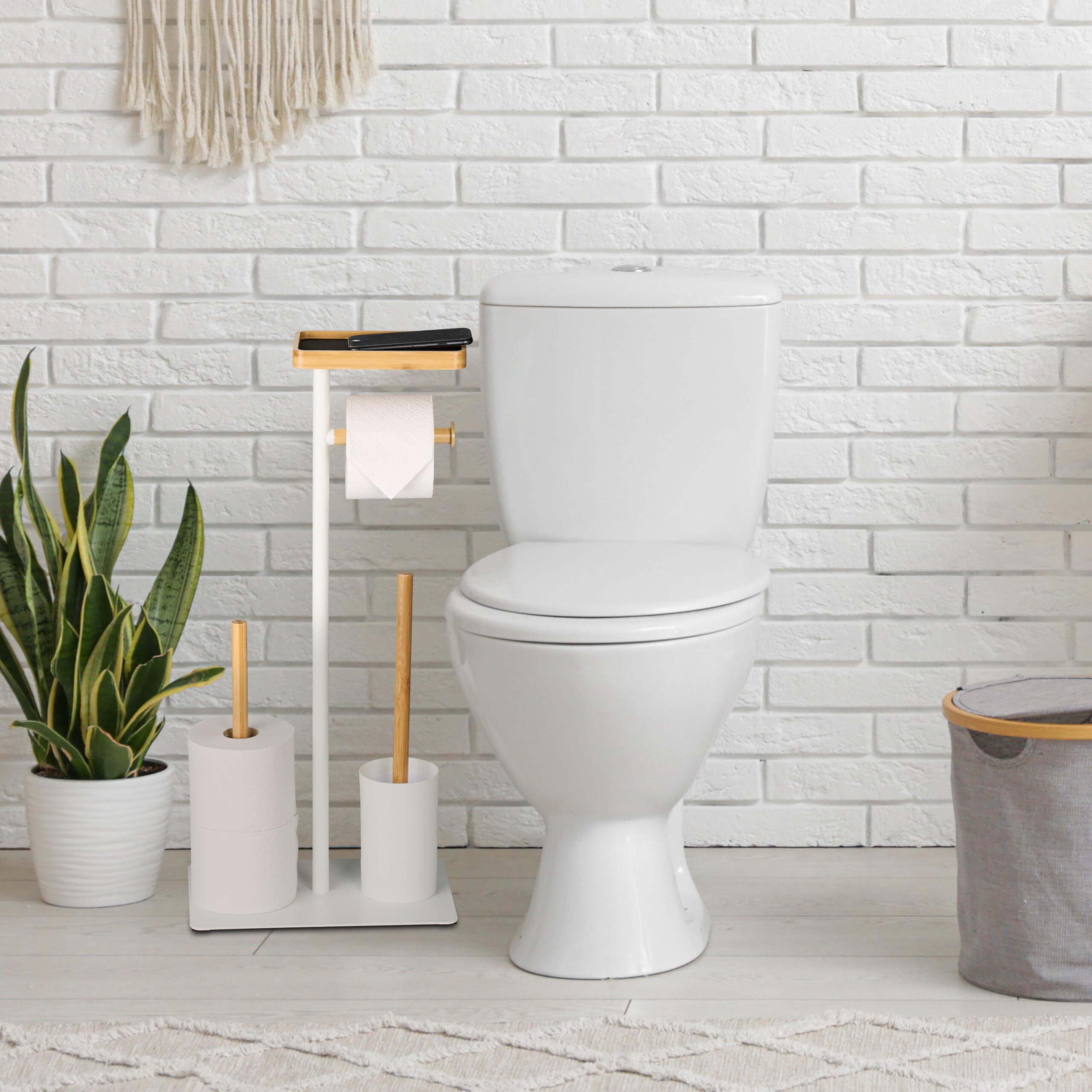 Relaxdays Escobillero y Portarrollos para Baño, Bambú y Hierro, Vertical, Escobilla con Soporte, Blanco/Natural
