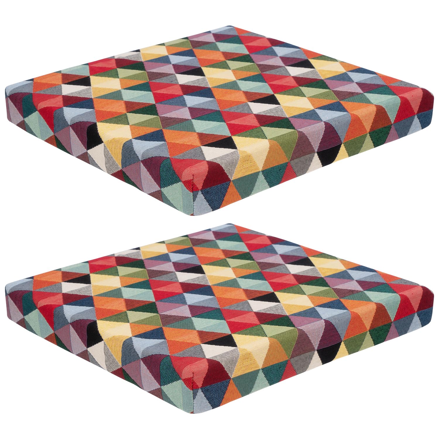 Selfitex 2er Set buntes Sitzkissen 40x40 mit gewebtem Qualitätsbezug, Sitzerhöhung (Höhe 5 cm) für bequemes und aufrechtes Sitzen, Schaumstoff Stuhlkissen, Sitzpolster für Guten Sitzkomfort (Dreieck)