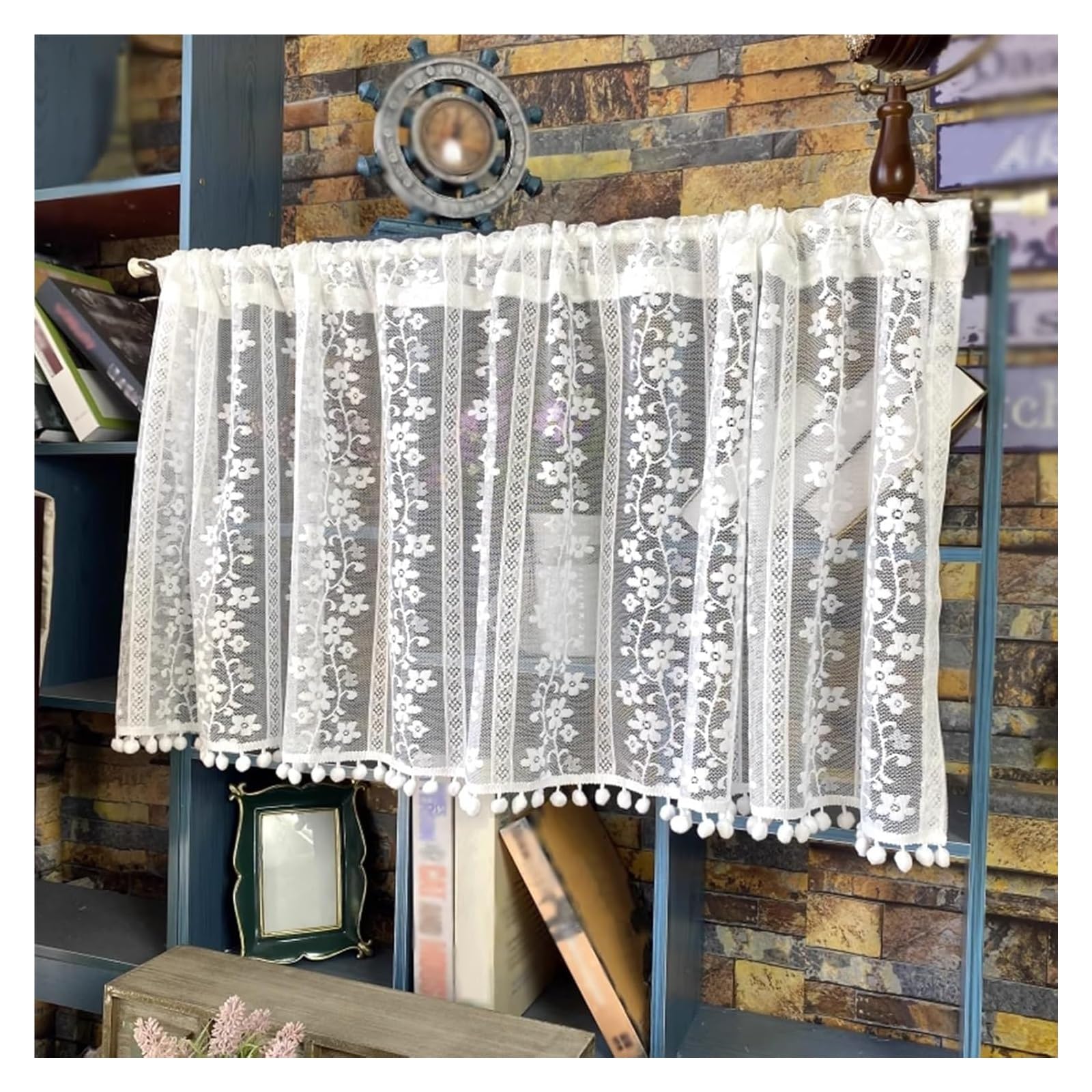 Short Kitchen Valances,Short Curtain Valances, White Lace Window Valance Embroidered Vine Flowers Short Curtain Tassel Ball Sheer Curtain Cafe Kitchen Nordic Style Window Treatments(120x30cm/47x12in)
