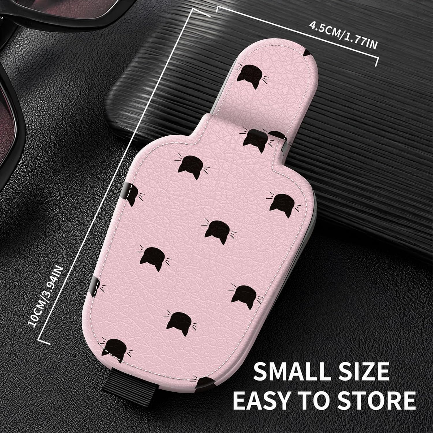 Sunglasses Holder for Car Visor, PU Leather Glasses Clip Organizer, Cute Magnetic Eyeglass Holder for Vehicle Sun Visor, Car Interior Accessory for Women & Men, Pink Cat image 3