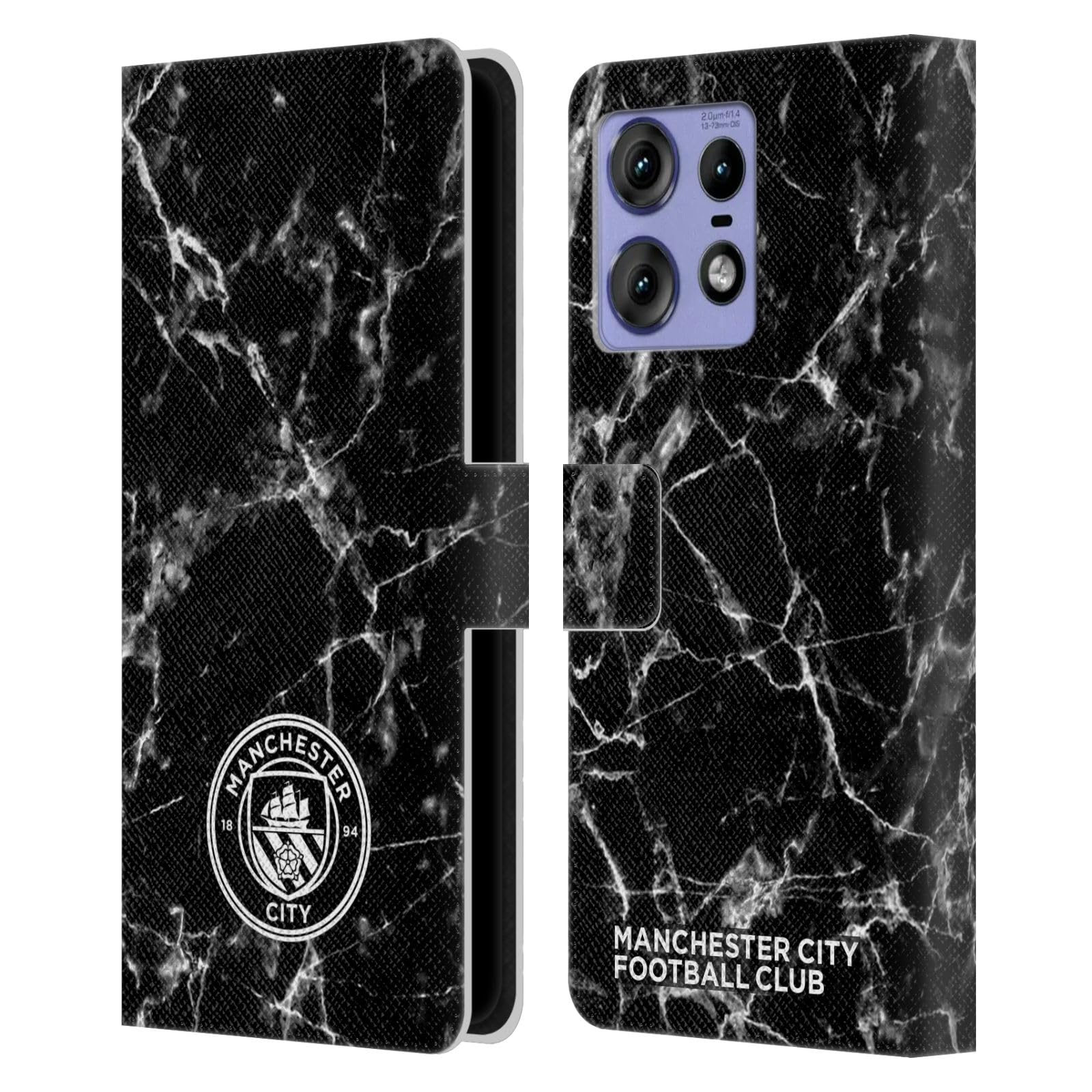 Head Case Designs Officially Licensed Manchester City Man City FC Black White Mono Marble Badge Leather Book Wallet Case Cover Compatible with Motorola Edge 50 Pro