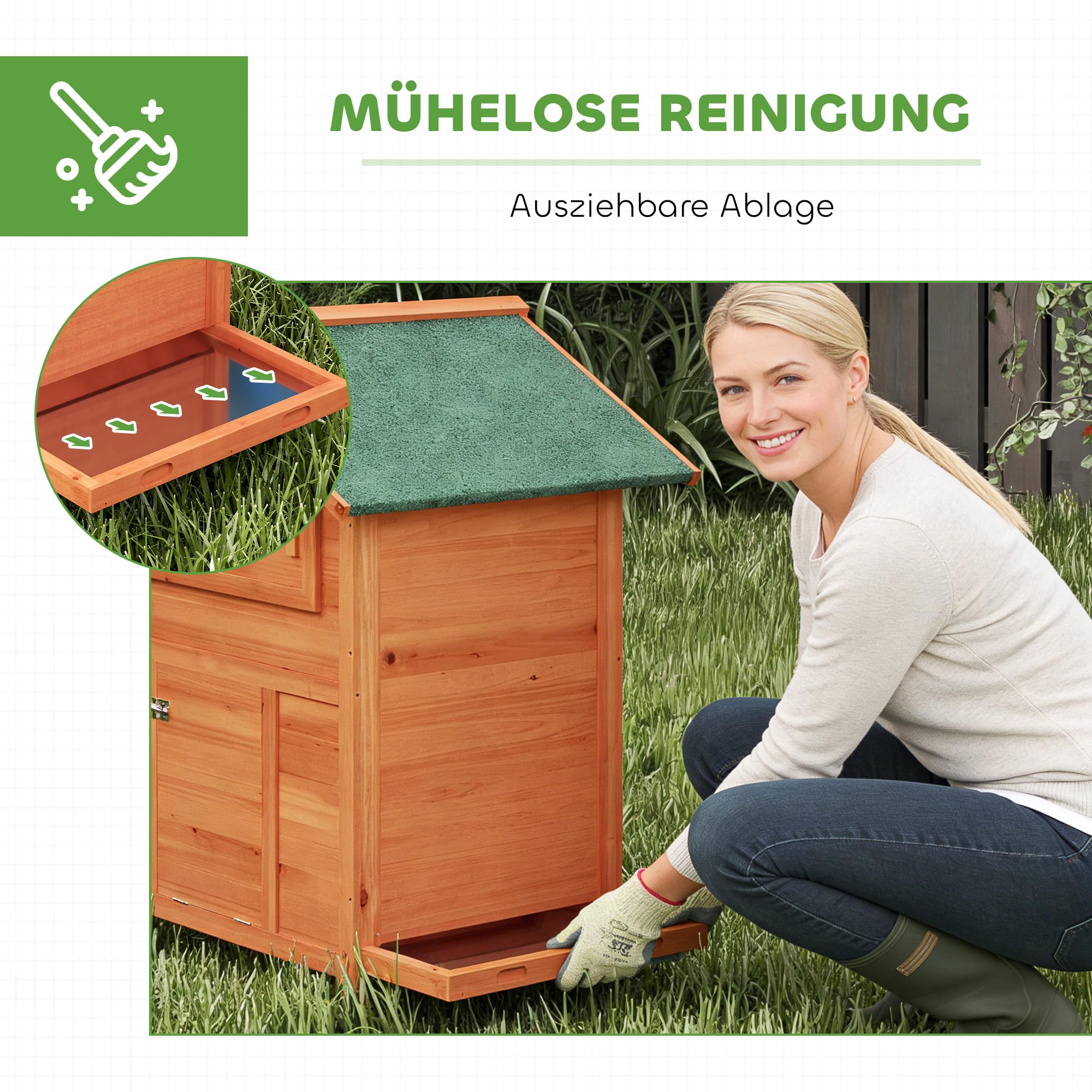 PawHut Hühnerstall Winterfest Nistkasten für 2 Hühner 113,5x67,5x95,5cm | Hühnerhaus Holz, 2 Sitzstangen, Rampe, Schiebefenster, Wasserdichtes Dach, Herausziehbares Tablett, für Enten Kaninchen