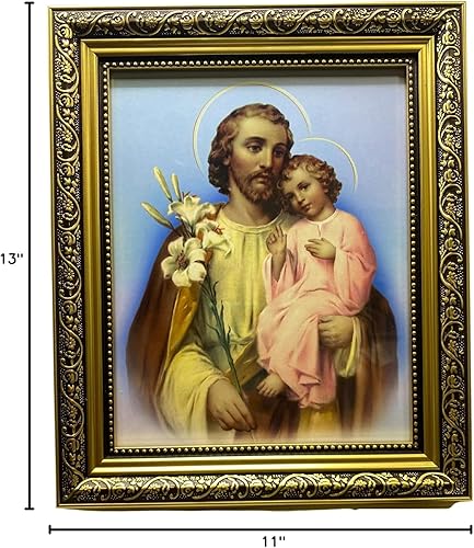 Miniatura 2 de Gerffert Collection Saint Joseph with Child - Impresión de retrato católico enmarcado, 13 pulgadas (marco de acabado dorado adornado)