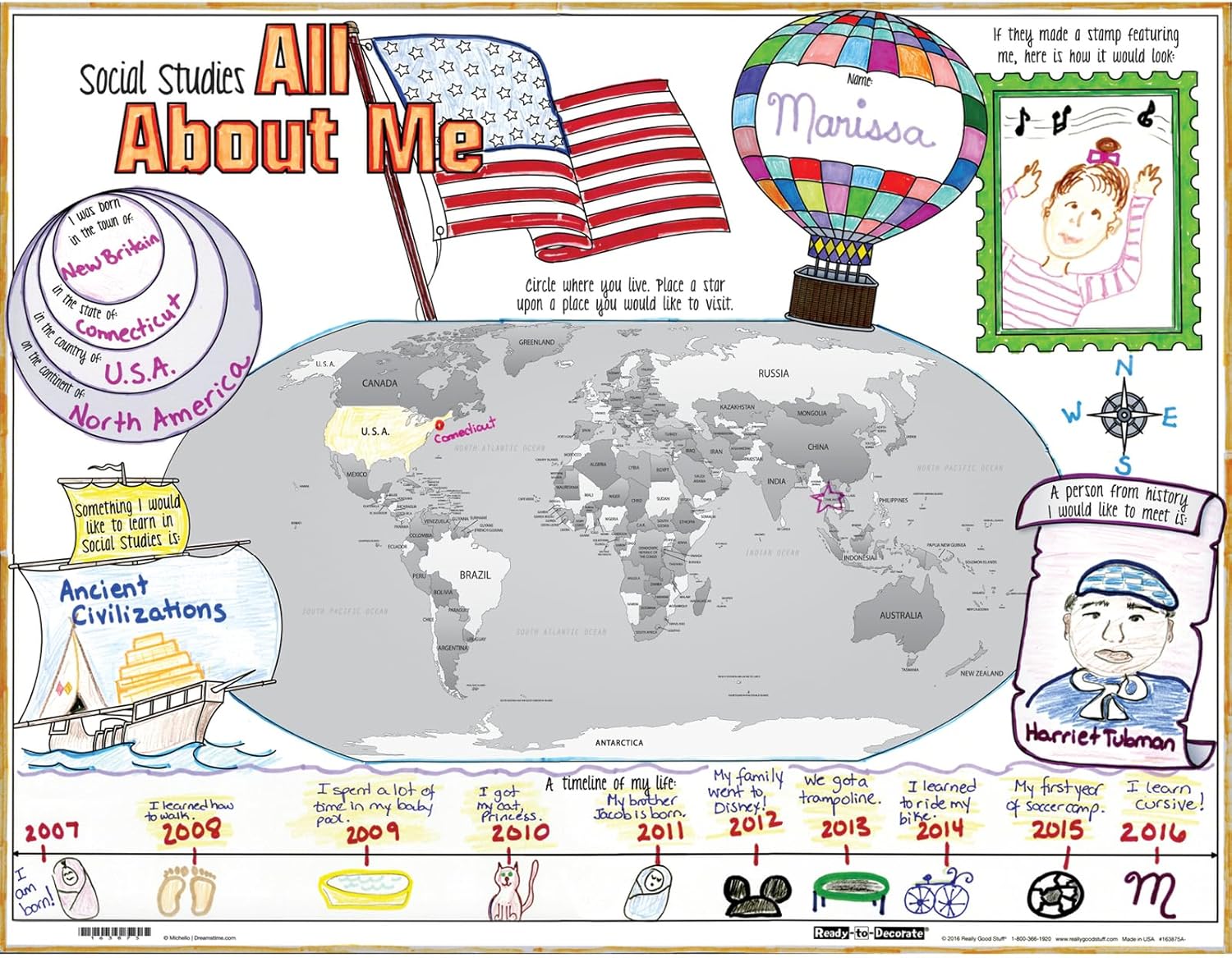 Really Good Stuff Ready-to-Decorate Social Studies All About Me Posters, 22” by 17” (Set of 24) – Classroom Decor, Preschool and Elementary Classroom Must Haves, Sit Dots, Teacher Supplies (Pack of 3)