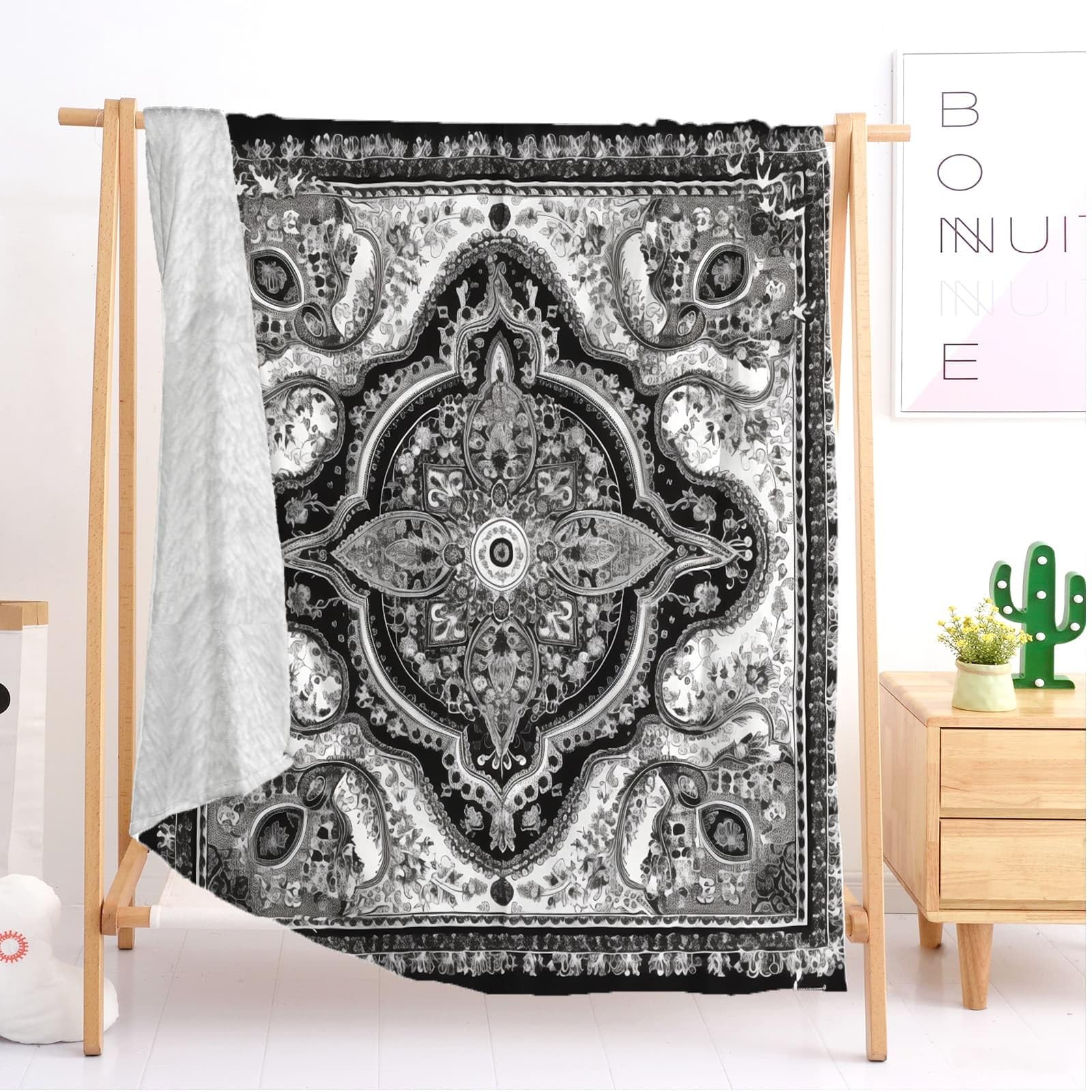 Przytulny koc 180 x 200 cm, XXL, abstrakcyjny wzór boho, super miękki i zimowy ciepły koc polarowy na sofę, kanapę i łóżko, szary, przytulny, przyjemny koc do mieszkania, koc na sofę
