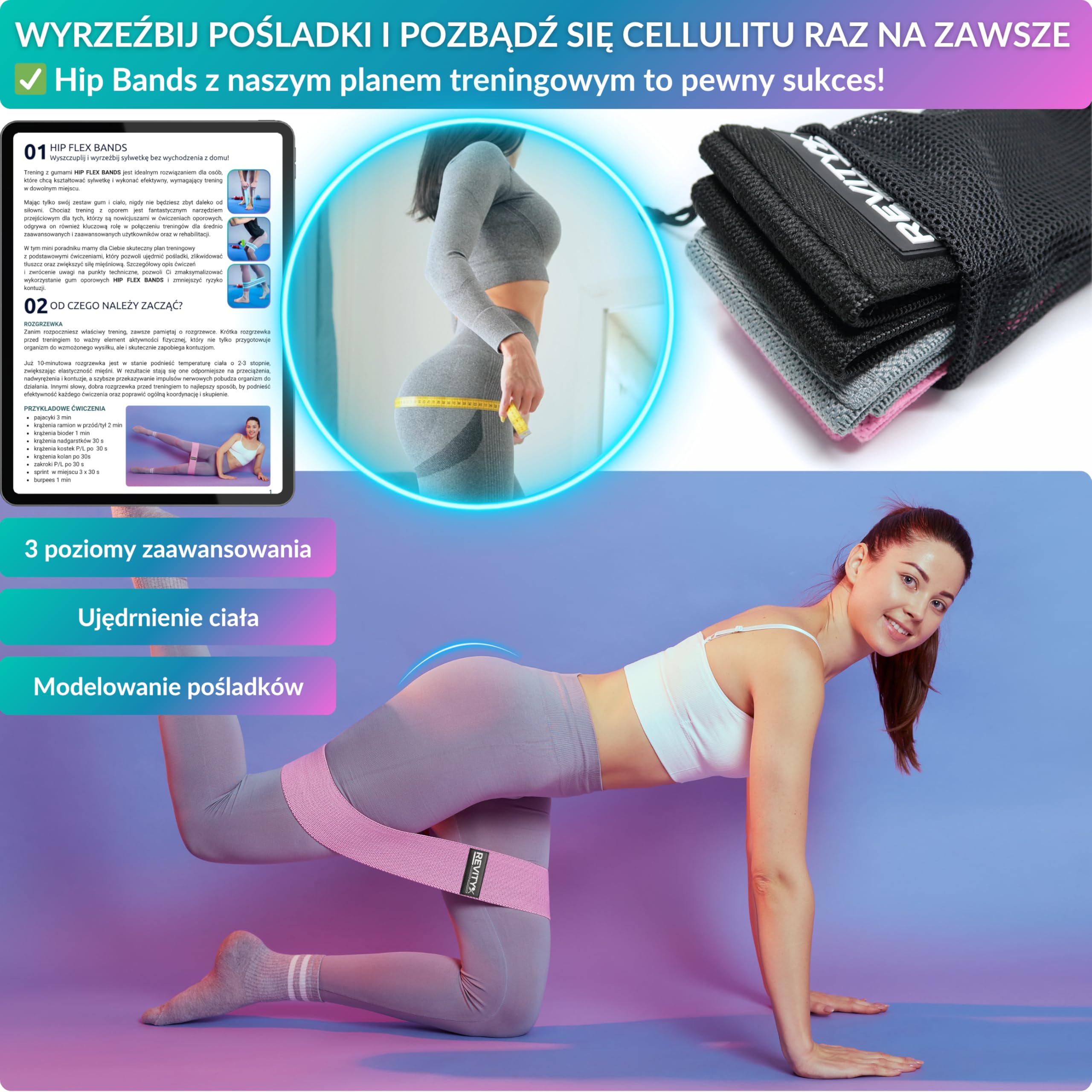 Gumy Oporowe Materiałowe - Zestaw 3 Gum do Ćwiczeń Ud i Pośladków | Taśmy Fitness, Naturalny Lateks, Trwałe, Antypoślizgowe, Plan PDF na 30 Dni z Instrukcją Ćwiczeń, Woreczek do Przechowywania