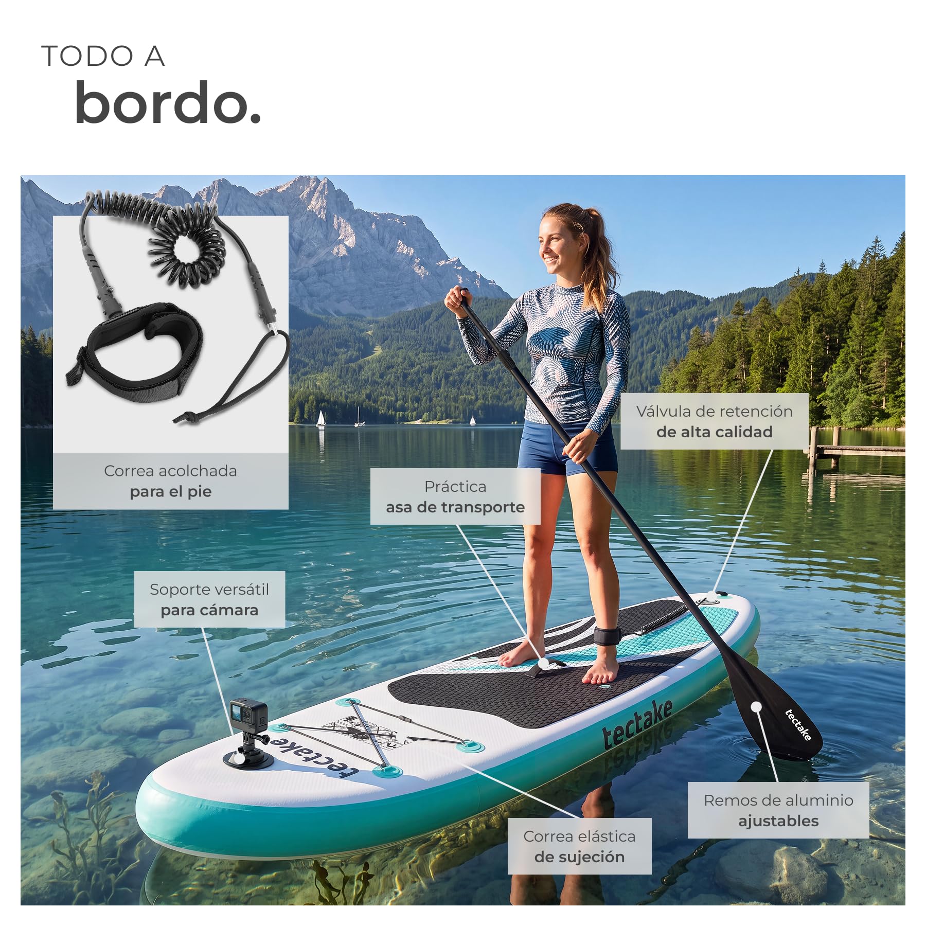 tectake® Tabla Paddle Surf Hinchable, Soporte Cámara, Kayak, 200 kg | Soporte para Cámara, Asiento de Kayak Convertible, Capacidad 200 kg, Superficie Antideslizante, SUP, Blanco y Turquesa