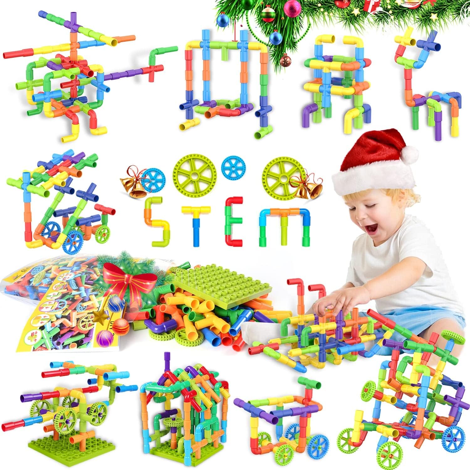 WishaLife 175 Pieces STEM Building Blocks Set, Kids Tube Locks Construction Set with Baseplate, Preschool Educational Pipe Toy Gift for Toddler Aged 3+