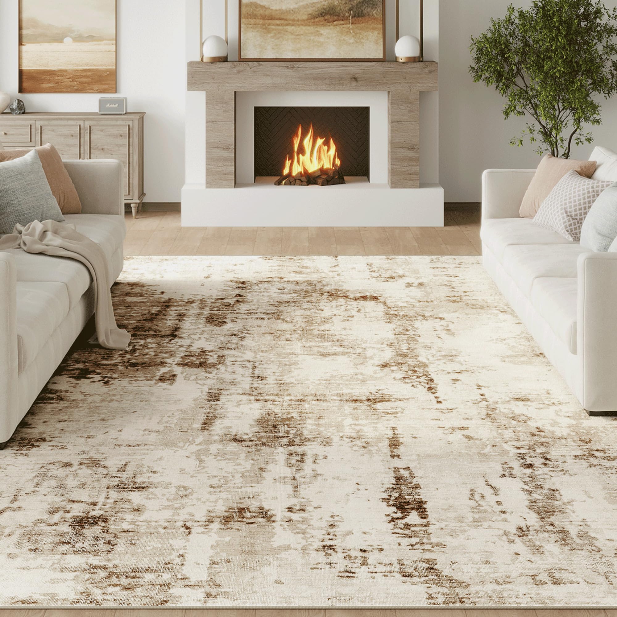 FMFUNCTEX 6x9 Washable Area Rug Brown Beige Neutral Abstract Modern Large Non Slip Carpet for Living Room Bedroom Soft Low Pile Indoor Mat