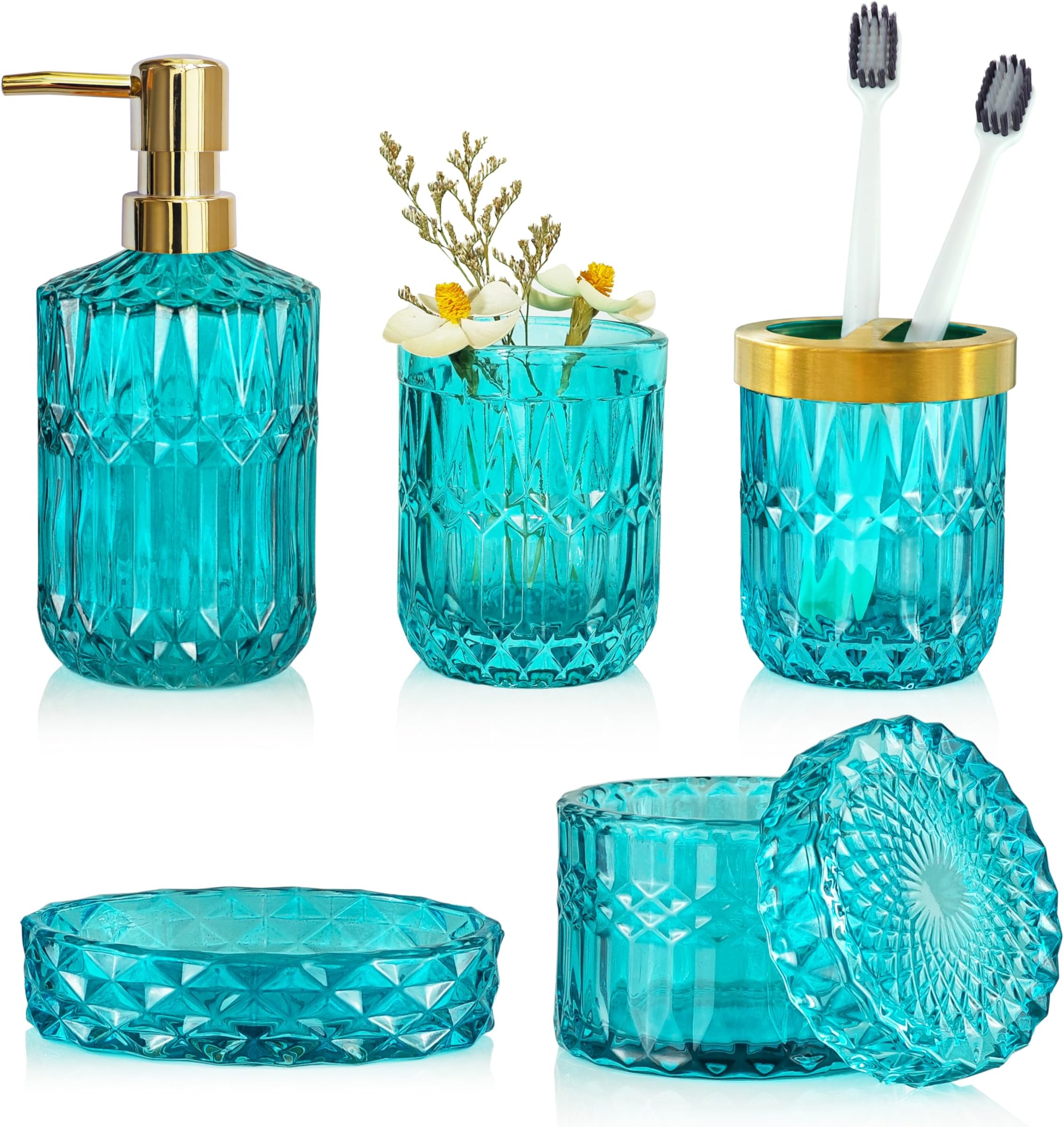 LaMarriti Teal Blue Bathroom Accessories Set, 5Pcs Clear Glass Bathroom Accessories, Hand Soap Dispenser Set, Soap Dish, Toothbrush Holder, Tumbler, Qtip Holder for Crystal Vantage Bathroom Decor