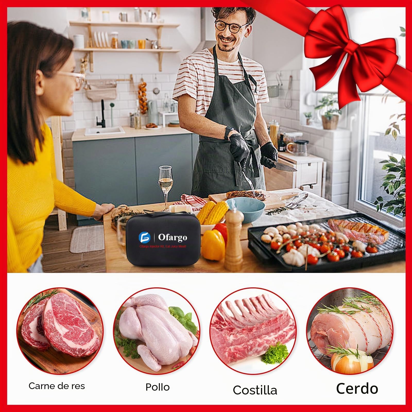 Ofargo Inyector de Condimento con 4 agujas de adobo, Se Utiliza para el Condimento de Carnes Como Carne de res, Pollo, Pavo; Jeringuilla Cocina 60 ml/2 oz; Con bolsa de EVA para guardarlo fácilmente