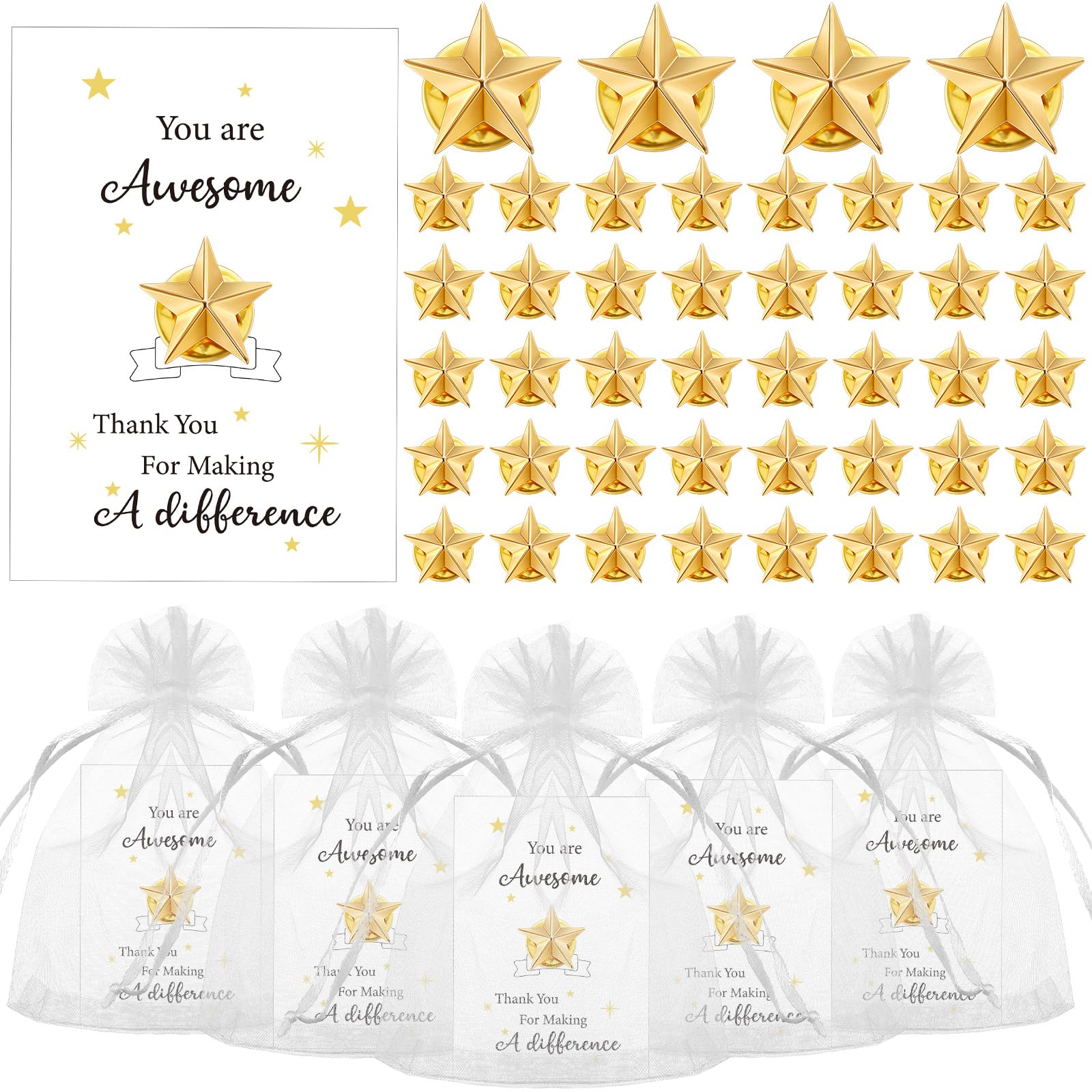 Nosiny Christmas Star Pins Employee Appreciation Gifts Bulk Gold Badge Lapel Pin with Card Thank You Gift for Team Teacher(50 Set)